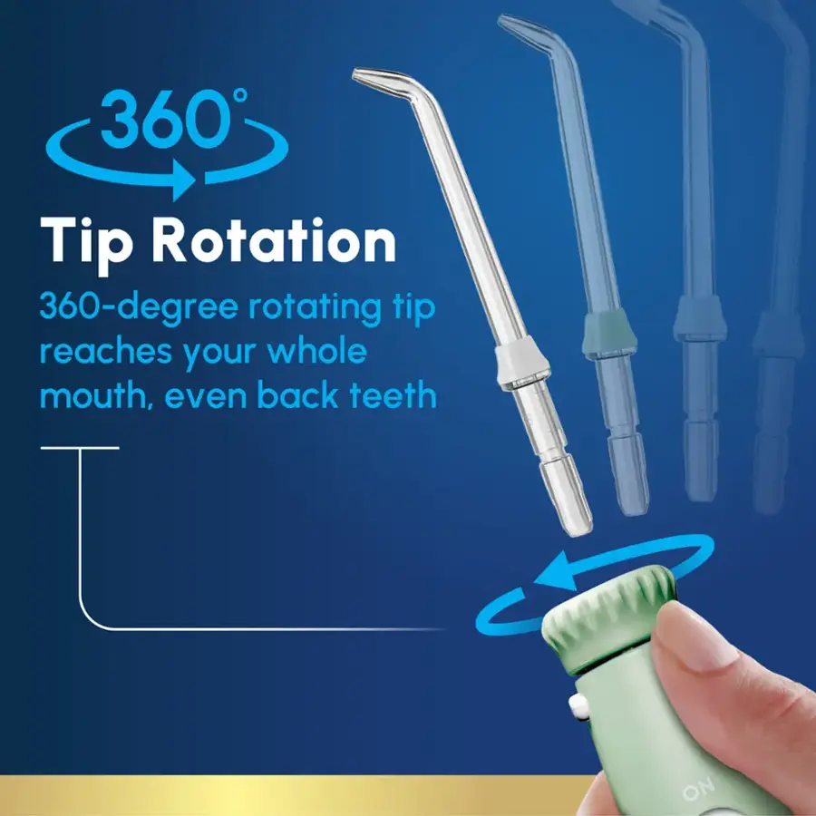 360 Tip Rotation: 360-degree rotating tip reaches your whole mouth, even back teeth.