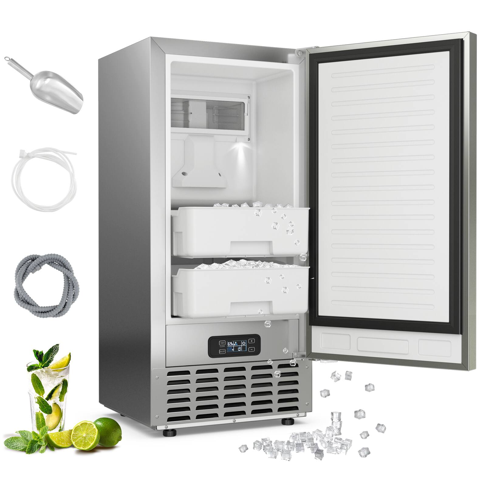 Front. Ecooso - Undercounter Nugget Ice Maker with Self-Cleaning, 24-Hour Timer, Built-In Ready - Silver.