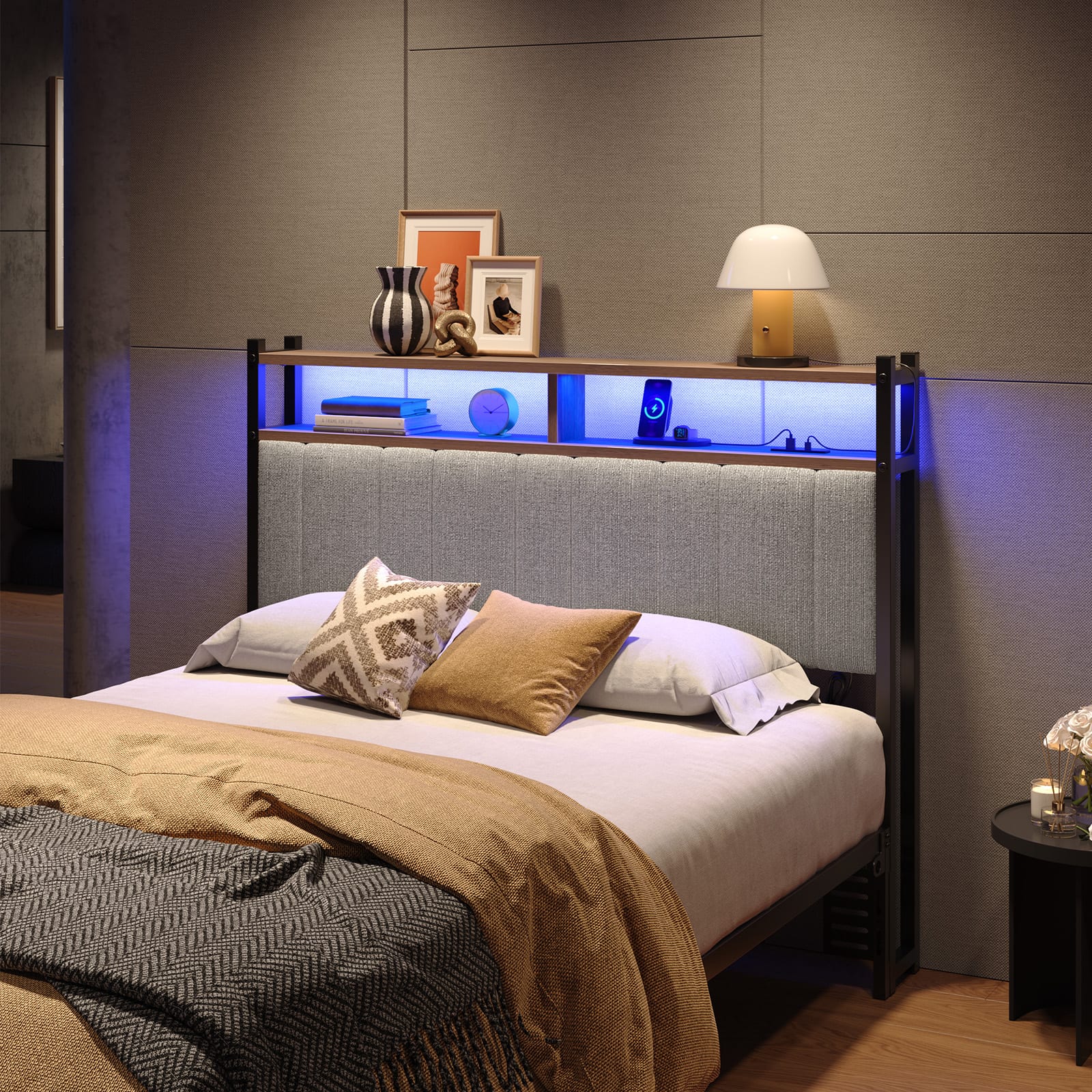 Angle. Pinmoco - Pinmoco - Linen Upholstered Storage Headboard LED Headboard with Charging Station - Gray.