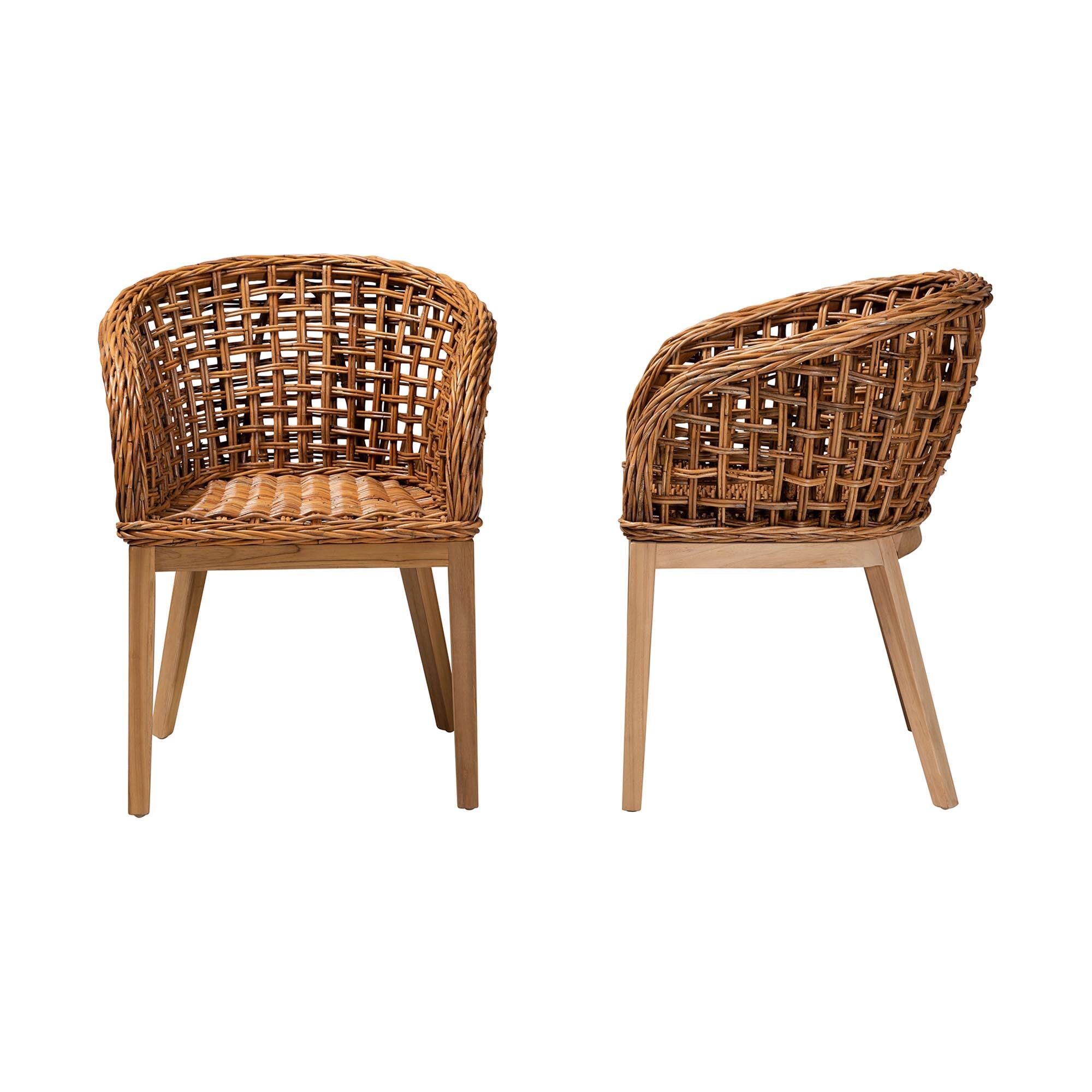 Left. bali & pari - Mario Modern Bohemian Finished Teak Wood and Rattan 2-Piece Dining Chair Set - Natural Brown/Brown.