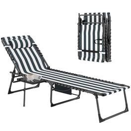 Outsunny - Folding Chaise Lounge Chair Outdoor Tanning Chair with Side Table, 5-Level Adjustable Beach Lounge Chair with Headrest - Blue and White