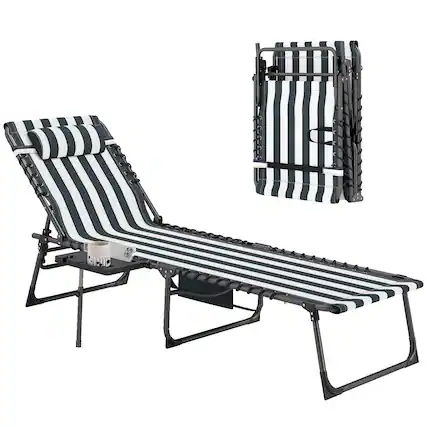 Front. Outsunny - Folding Chaise Lounge Chair Outdoor Tanning Chair with Side Table, 5-Level Adjustable Beach Lounge Chair with Headrest - Blue and White.