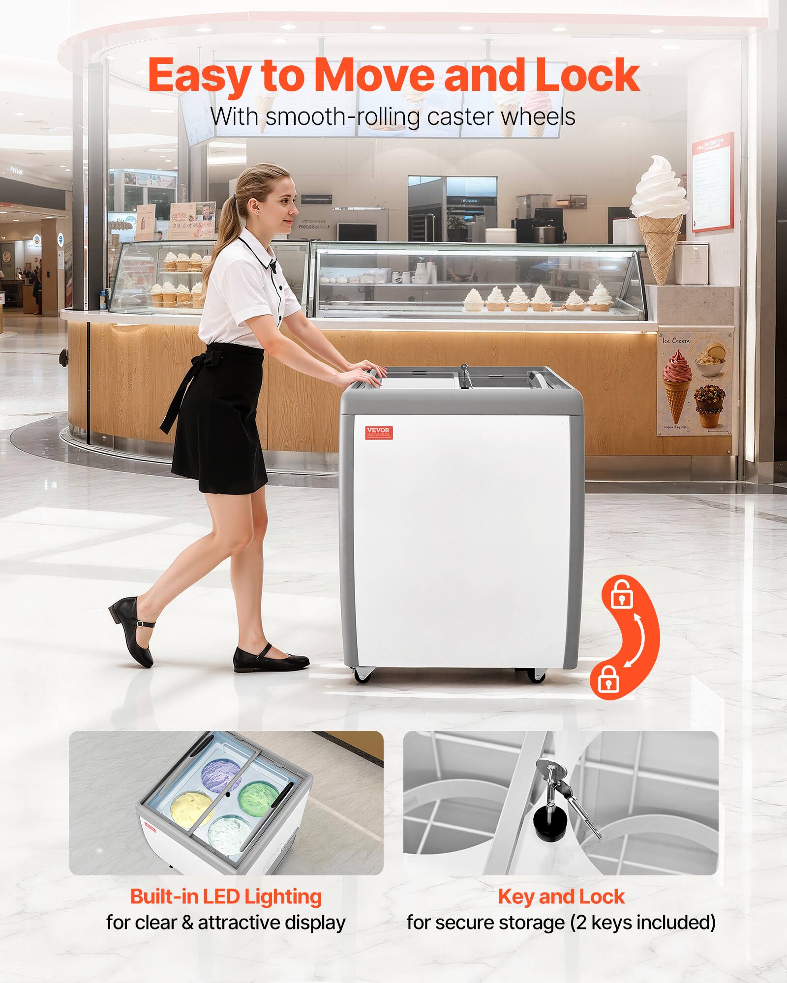 Easy to Move and Lock  
With smooth-rolling caster wheels  

Built-in LED Lighting for clear & attractive display  

Key and Lock for secure storage (2 keys included)