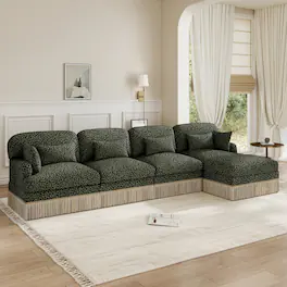 Anysun - 131" 4-Seater Flexible Modular Leopard Print Chenille L-Shaped Sofa with Tassel Edges & Movable Ottoman - Green