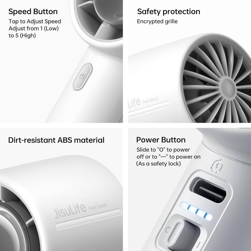Speed Button  
Tap to Adjust Speed  
Adjust from 1 (Low) to 5 (High)  

Safety protection  
Encrypted grille  

Dirt-resistant ABS material  

Power Button  
Slide to "O" to power off or to "—" to power on (As a safety lock)  

Feel Good JisuLife