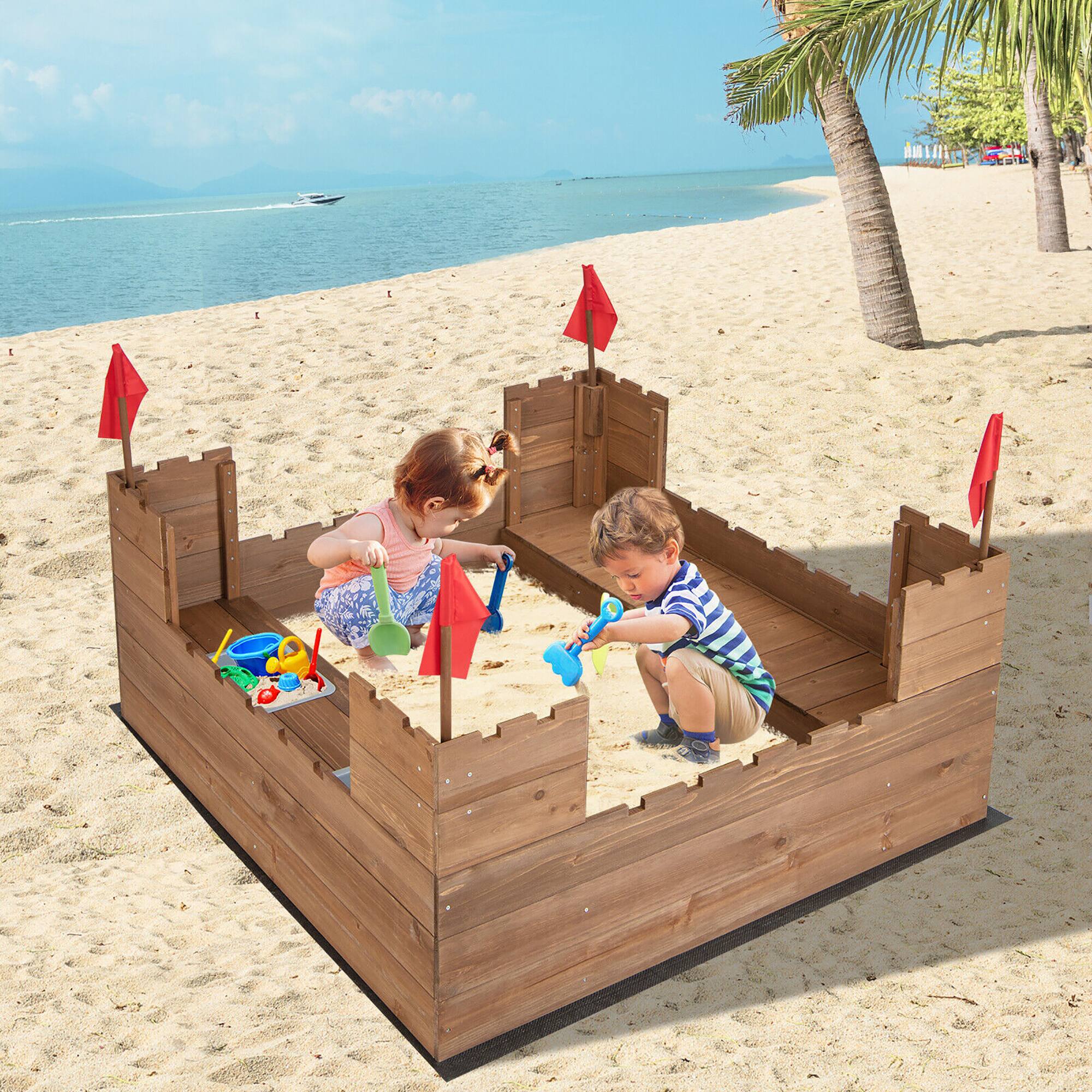 Alt View 3. Gymax - Gymax Solid Wood Kids Sandbox w/ 2 Bench Seats Outdoor Sandpit w/ Storage Box & Flags - Multi-color.