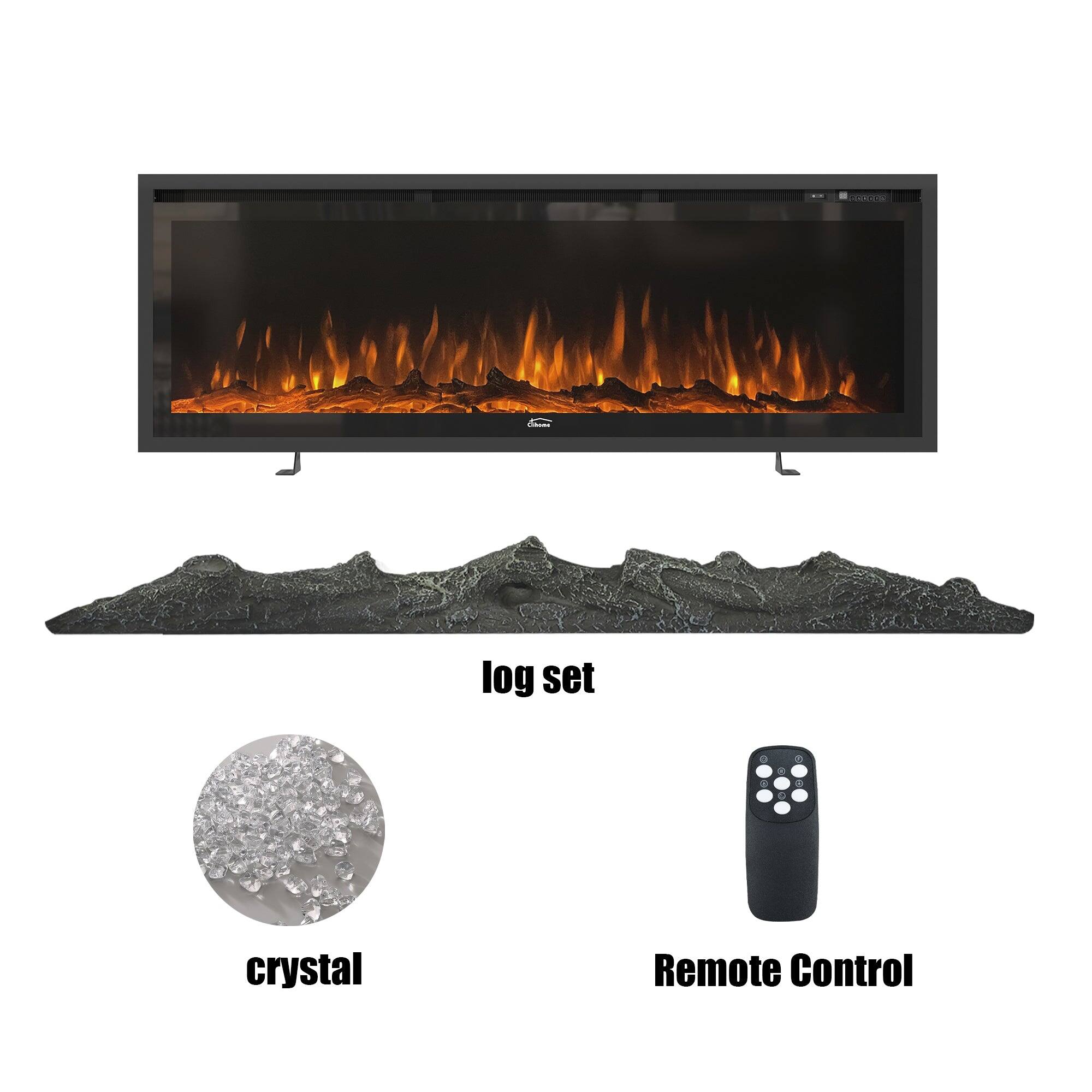 The image features a fireplace with a log set and crystal display, along with a remote control.