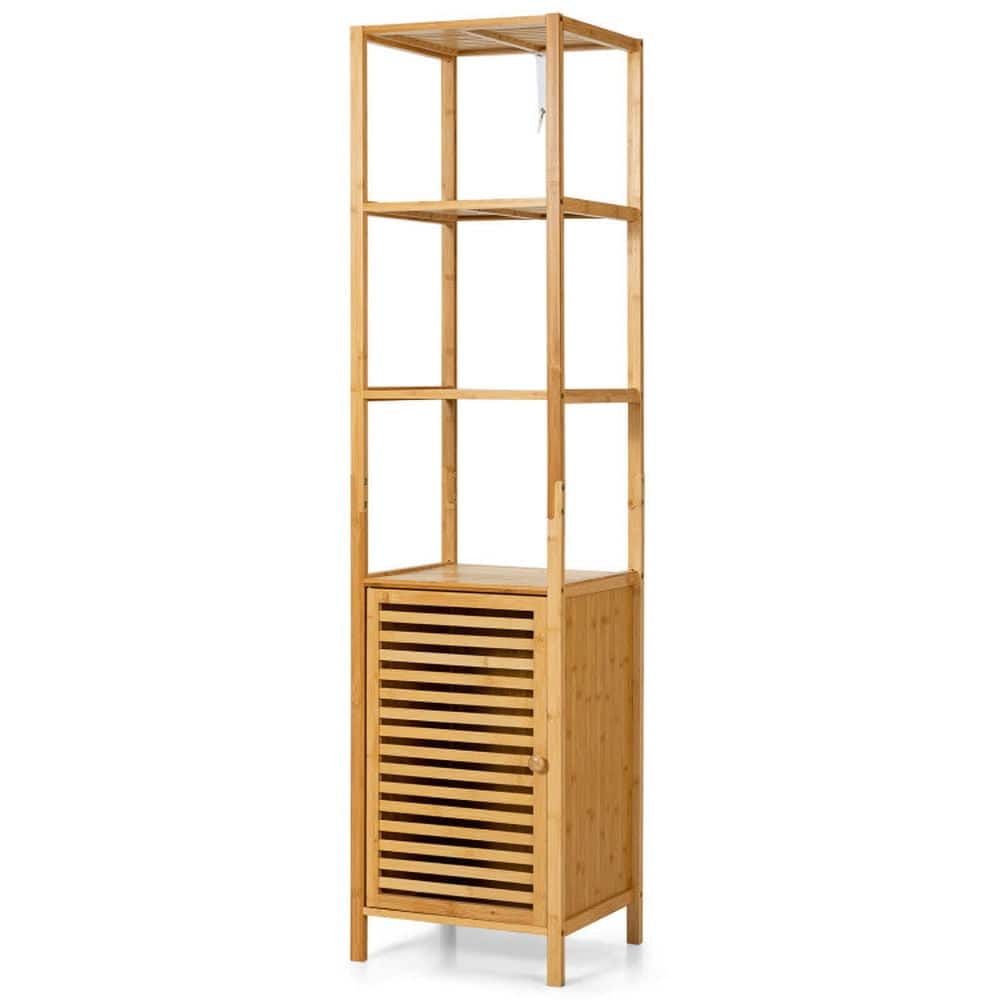 Pefilos - 4 Tiers Slim Bamboo Floor Storage Cabinet with Shutter Door and Anti-Toppling Device-Natural, Bathroom Storage Cabinet - Brown