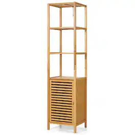 Pefilos - 4 Tiers Slim Bamboo Floor Storage Cabinet with Shutter Door and Anti-Toppling Device-Natural, Bathroom Storage Cabinet - Brown