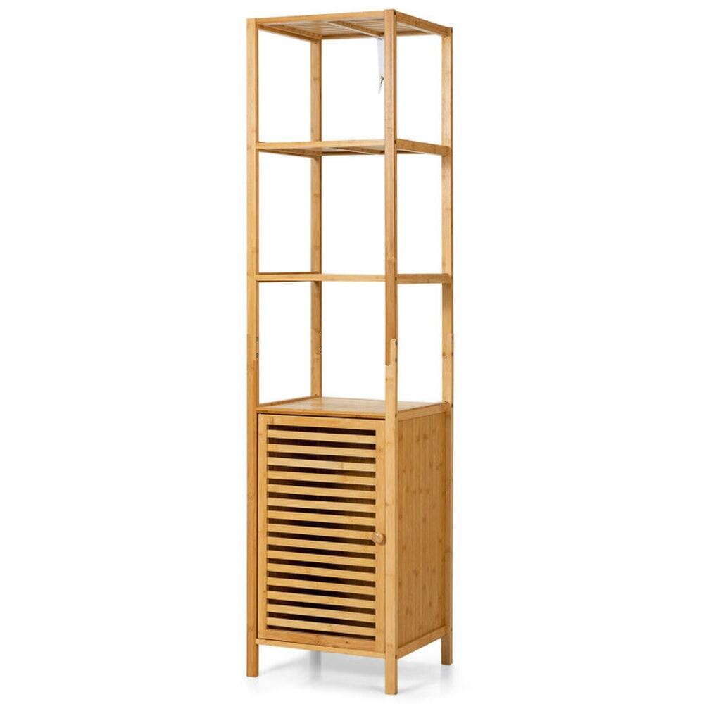 Front. Pefilos - 4 Tiers Slim Bamboo Floor Storage Cabinet with Shutter Door and Anti-Toppling Device-Natural, Bathroom Storage Cabinet - Brown.