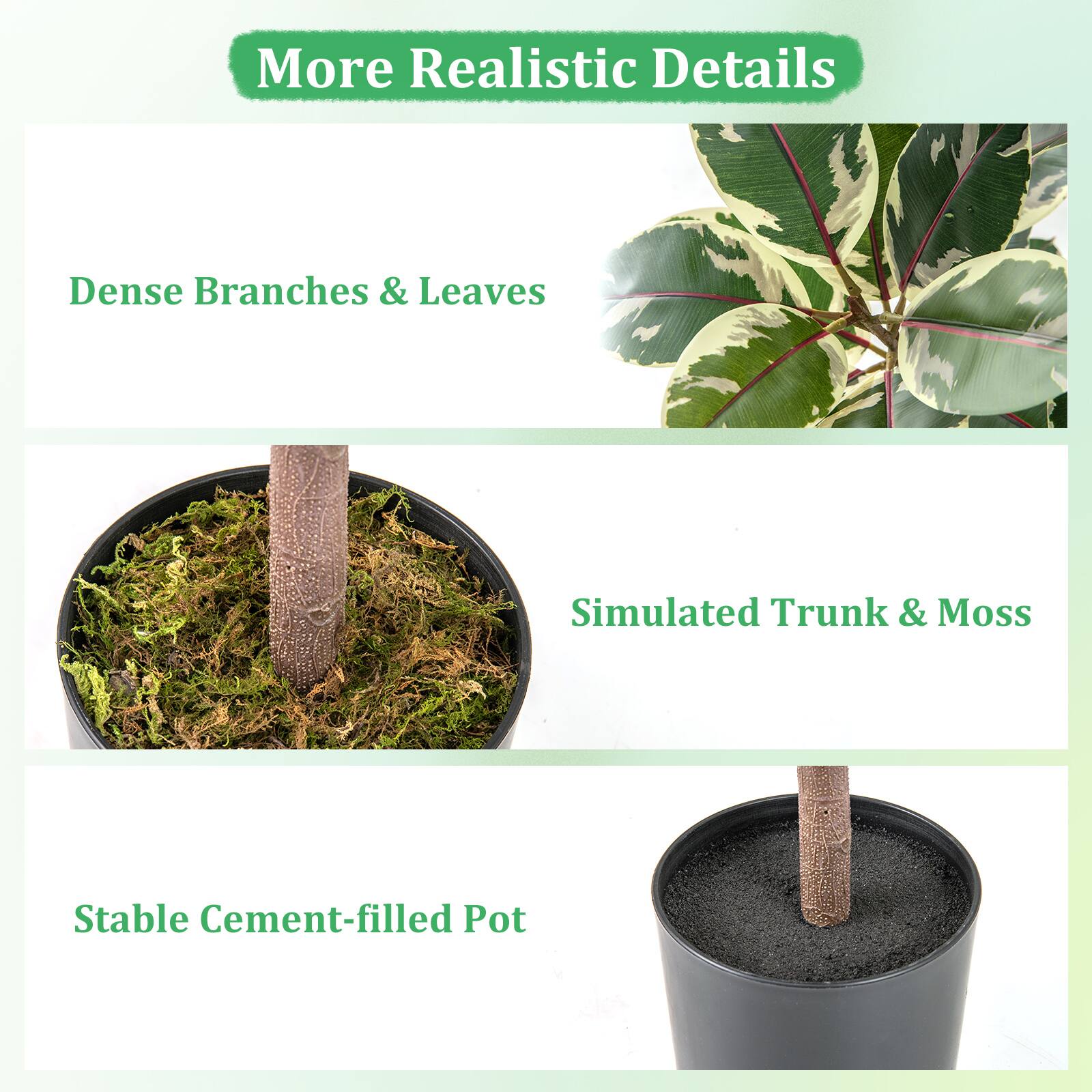 More Realistic Details

- Dense Branches & Leaves
- Simulated Trunk & Moss
- Stable Cement-filled Pot