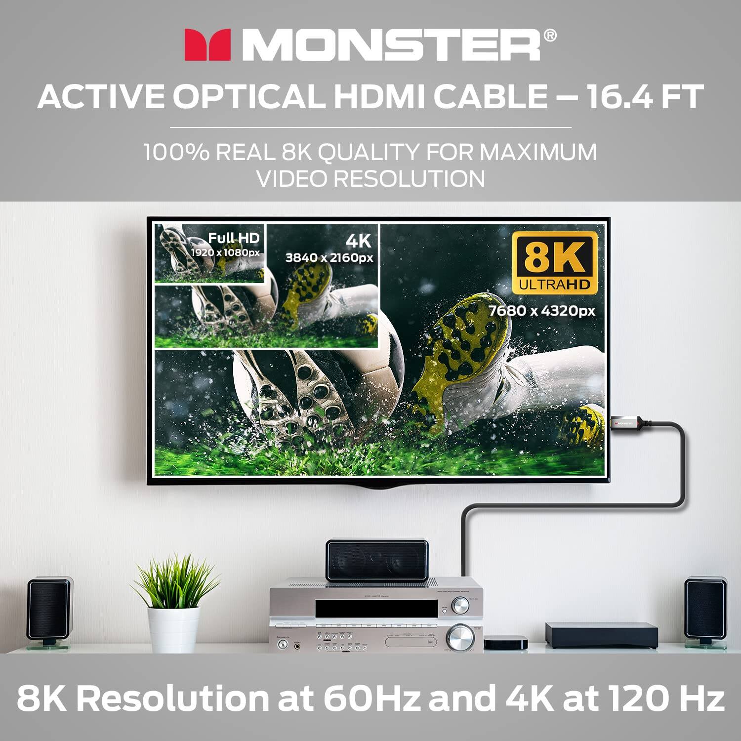 MONSTER ACTIVE OPTICAL HDMI CABLE - 16.4 FT  
100% REAL 8K QUALITY FOR MAXIMUM VIDEO RESOLUTION  
Full HD 1920 x 1080px  
4K 3840 x 2160px  
8K ULTRAHD 7680 x 4320px  
8K Resolution at 60Hz and 4K at 120 Hz