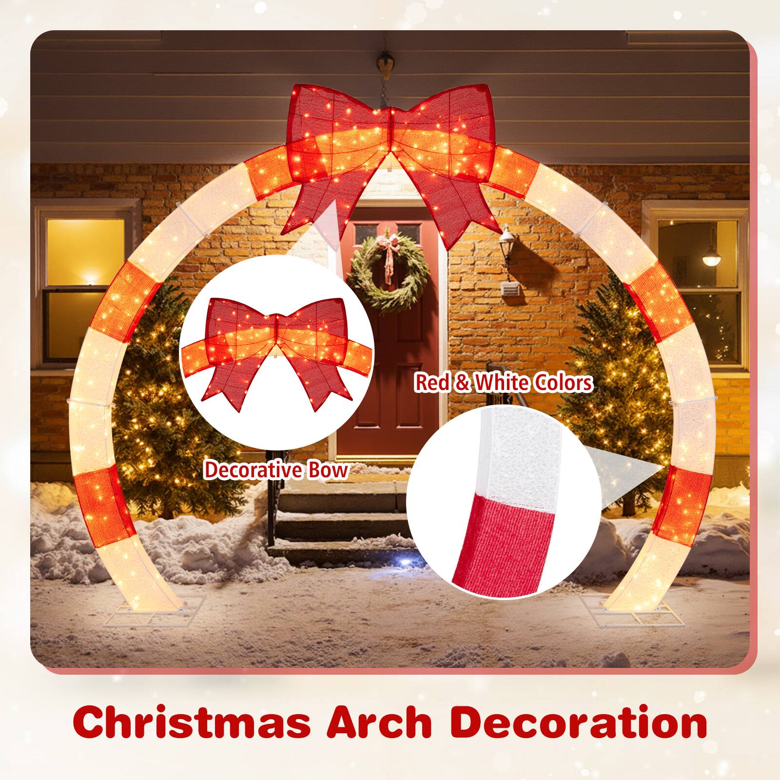 Alt View 8. Costway - Costway 10.4 FT Christmas Archway with Large Bow & Warm White LED Lights, Widened Bases - Red,White.