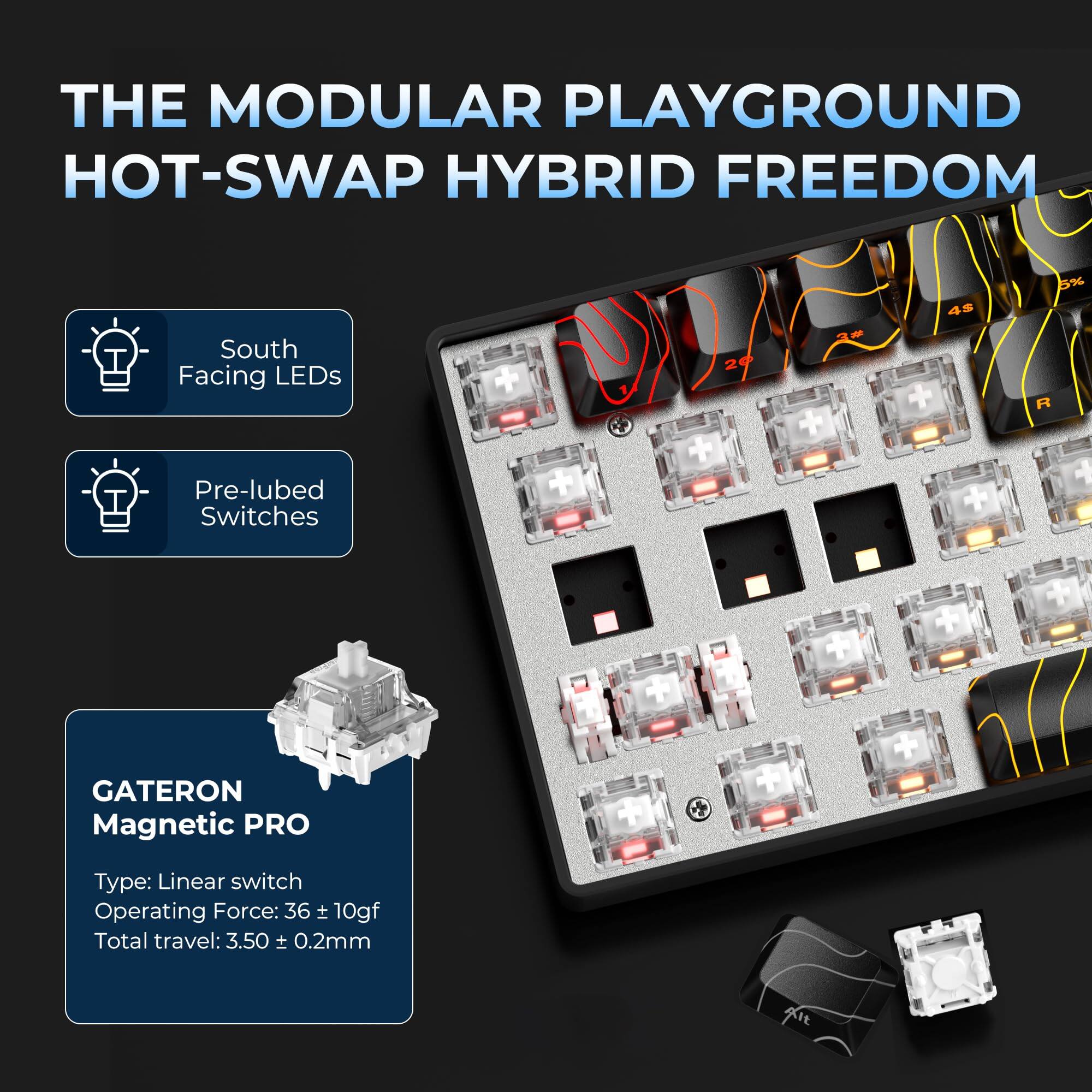 THE MODULAR PLAYGROUND HOT-SWAP HYBRID FREEDOM

- South Facing LEDs
- Pre-lubed Switches

GATERON Magnetic PRO
- Type: Linear switch
- Operating Force: 36 ± 10gf
- Total travel: 3.50 ± 0.2mm