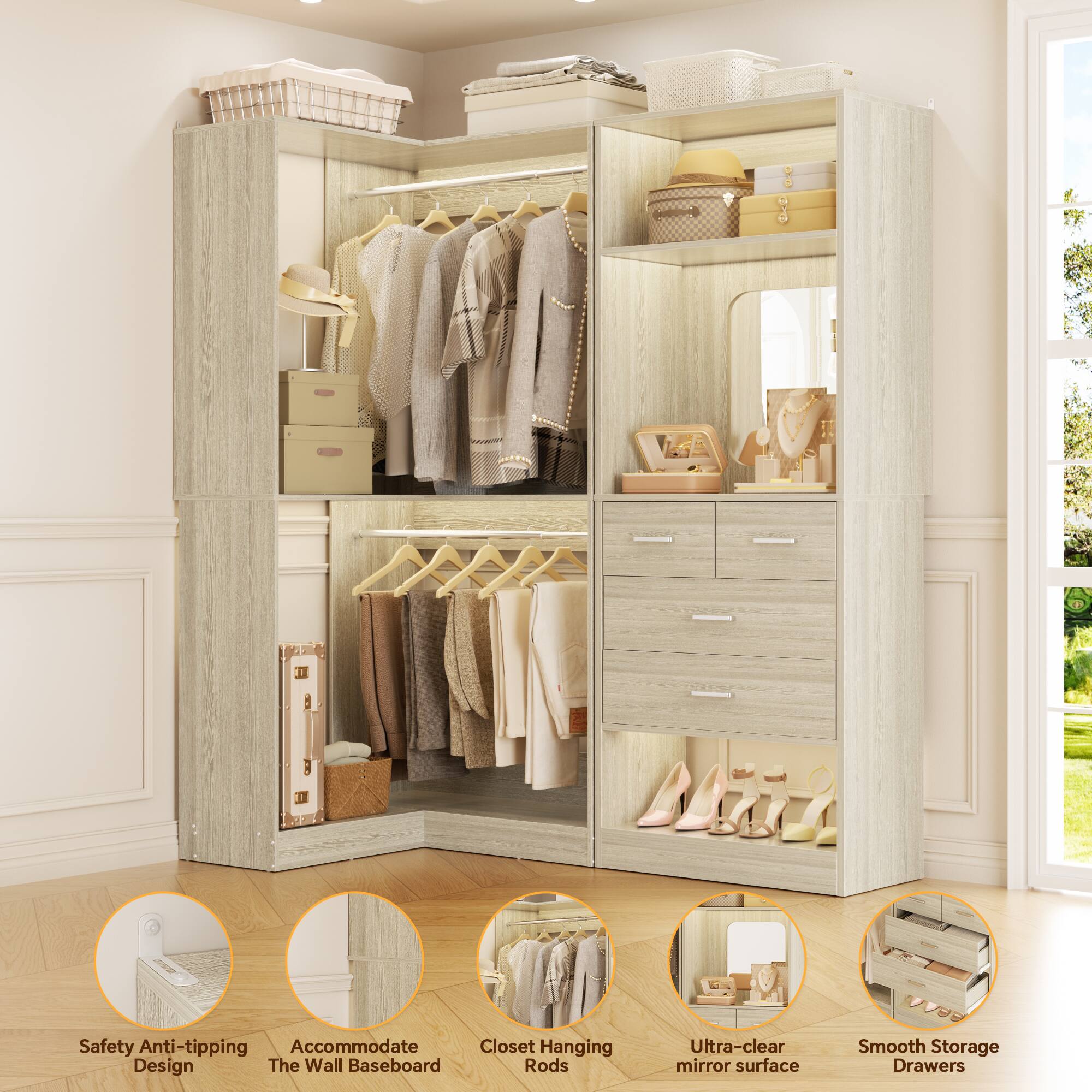 - Safety Anti-tipping Design
- Accommodate The Wall Baseboard
- Closet Hanging Rods
- Ultra-clear mirror surface
- Smooth Storage Drawers