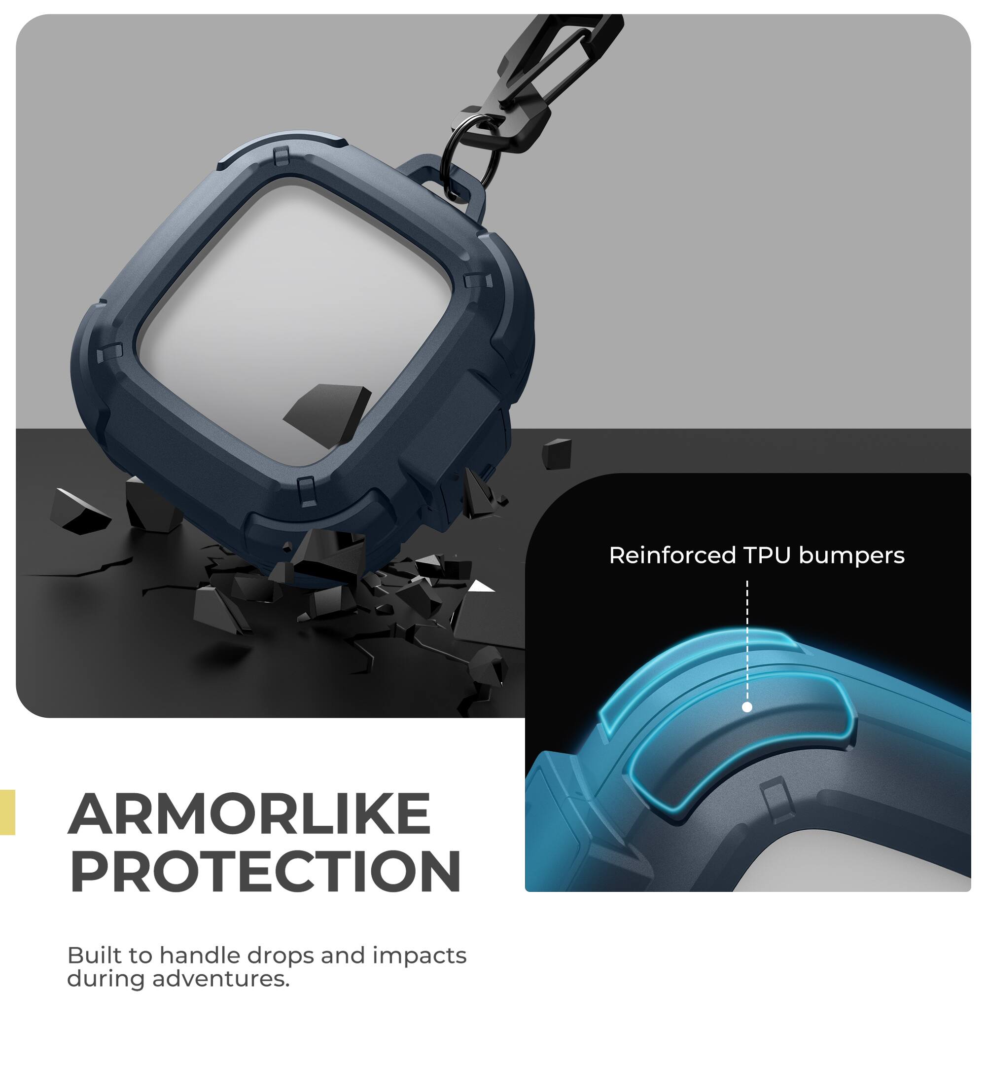 Reinforced TPU bumpers  
ARMORLIKE PROTECTION  
Built to handle drops and impacts during adventures.