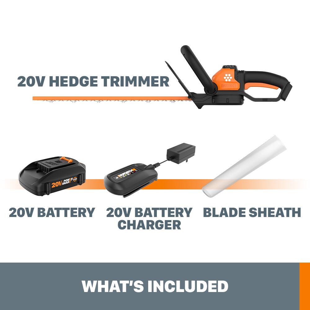 The image features a hedge trimmer, a blade sheath charger, and a 20V battery. The hedge trimmer is a handheld tool designed for trimming and shaping hedges and bushes. The blade sheath charger is a device that charges the battery of the hedge trimmer, ensuring it is always ready for use. The 20V battery is a power source for the hedge trimmer and charger, providing the necessary energy to operate the tools.