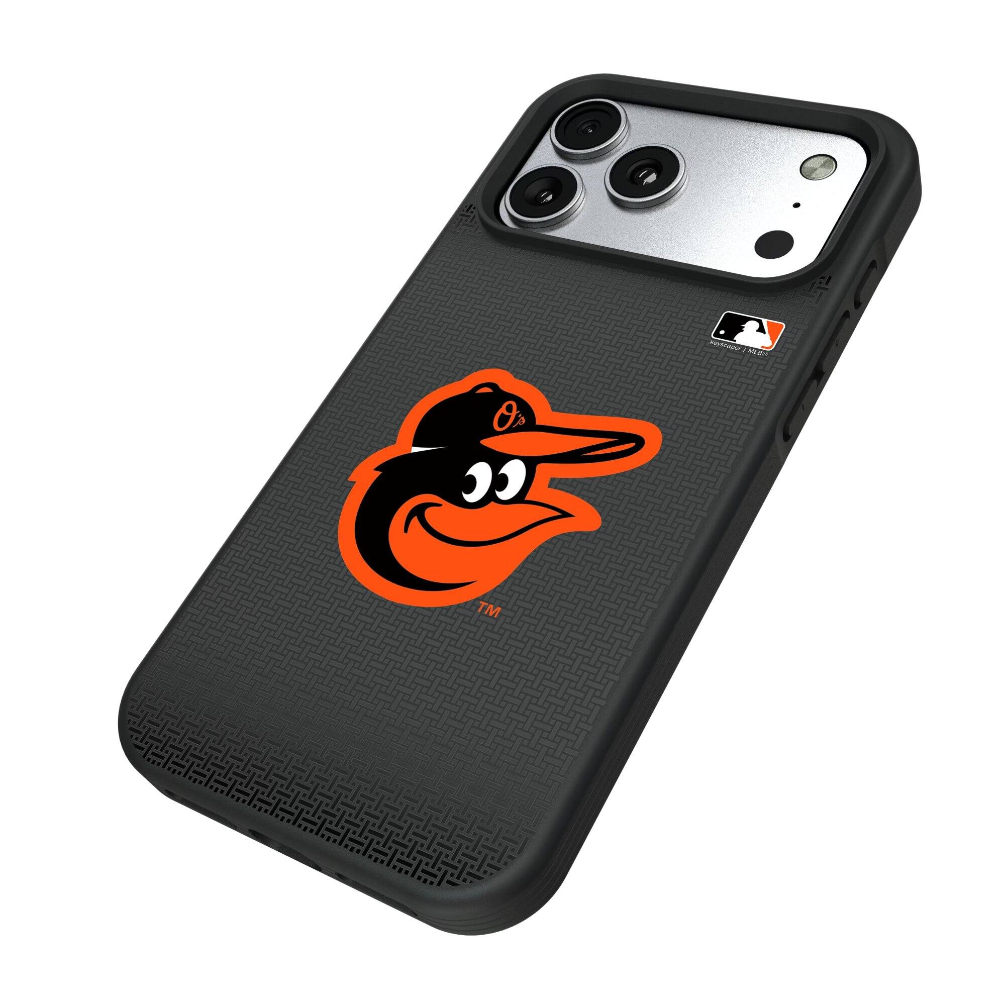 Alt View 1. Keyscaper - Baltimore Orioles Bump Case with 8.2ft Drop Protection - 16 Pro Max - Black.
