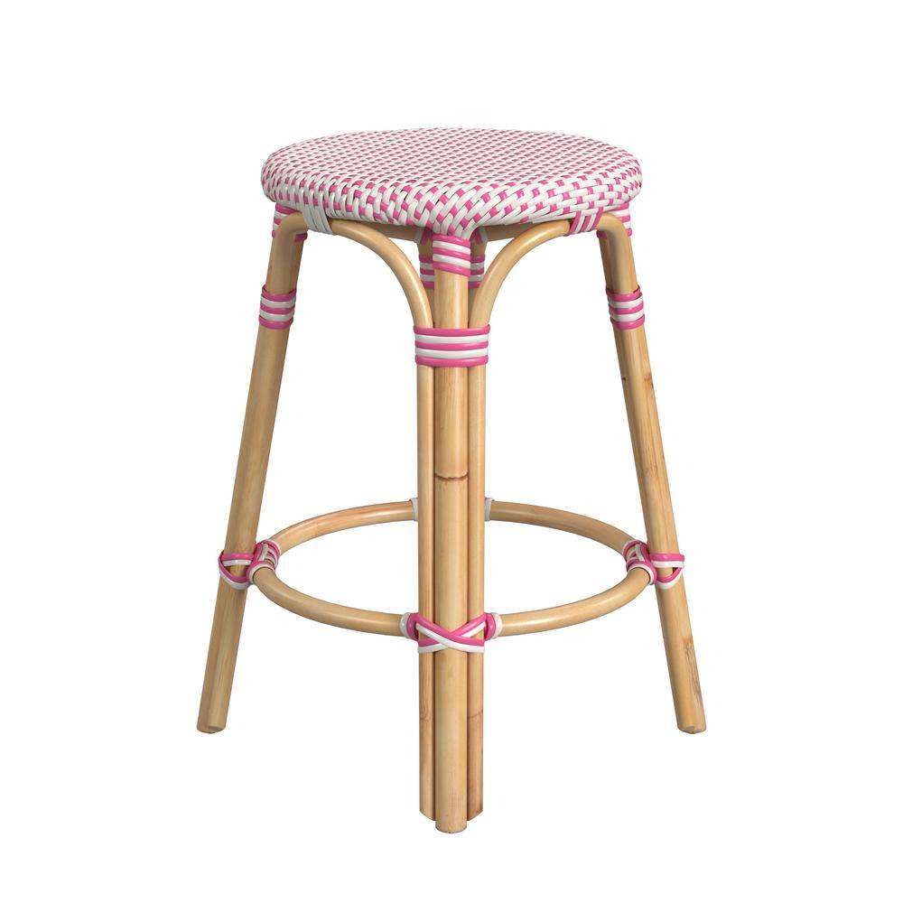 Alt View 1. Butler Specialty - Tobias Rattan Round 24" Counter Stool - White And Pink Dot.