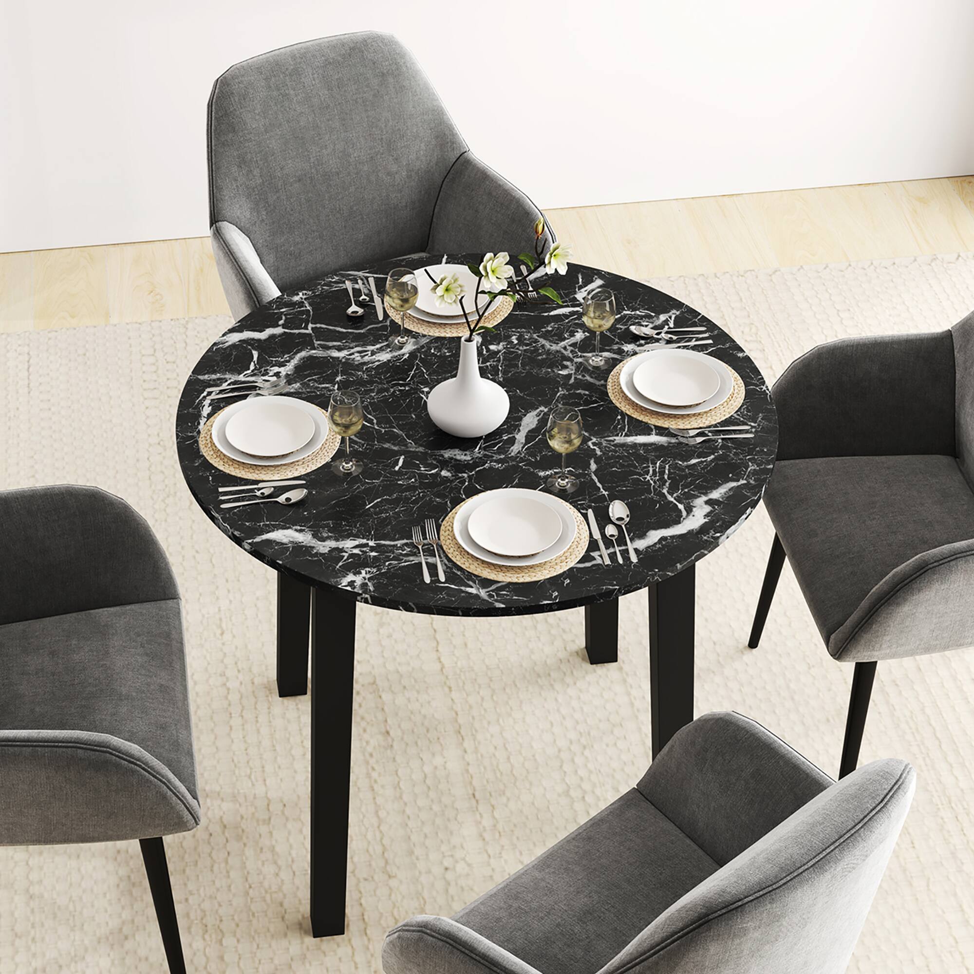 Alt View 3. Gymax - Gymax 35''  Kitchen Table Round Dining Table w/ Marble-textured Veneer Tabletop Black - Black.
