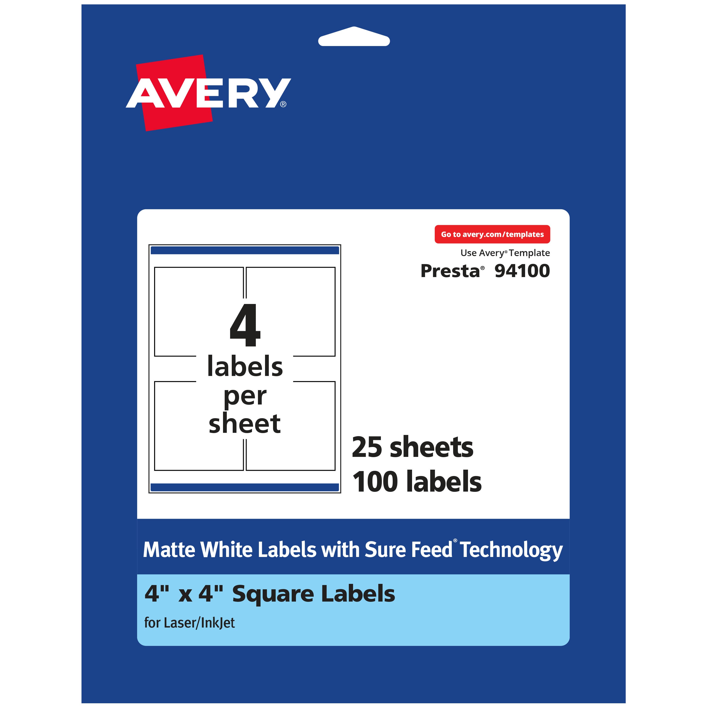 Avery - Matte Square Labels, 4" x 4", 100 Labels - White