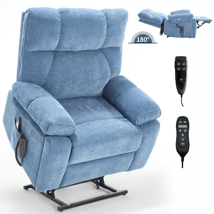 Front. LUCKY ONE - Chenille Dual Motor Power Lift Recliner Chair with Massage, Heat and Hidden Cup Holders - Blue.