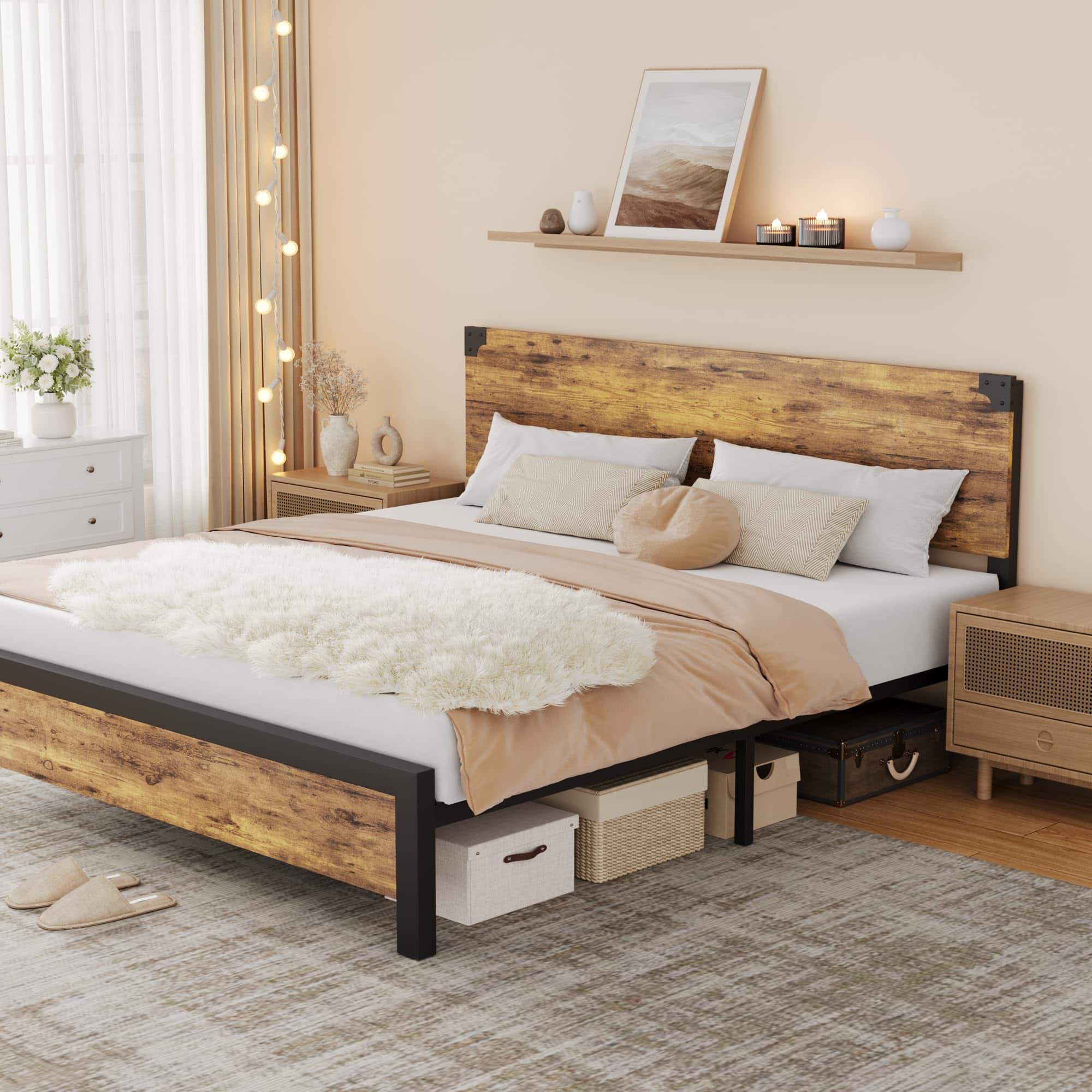 Homhougo - King Size Bed Frame with Wood Headboard, King Platform Bed Frame - Brown