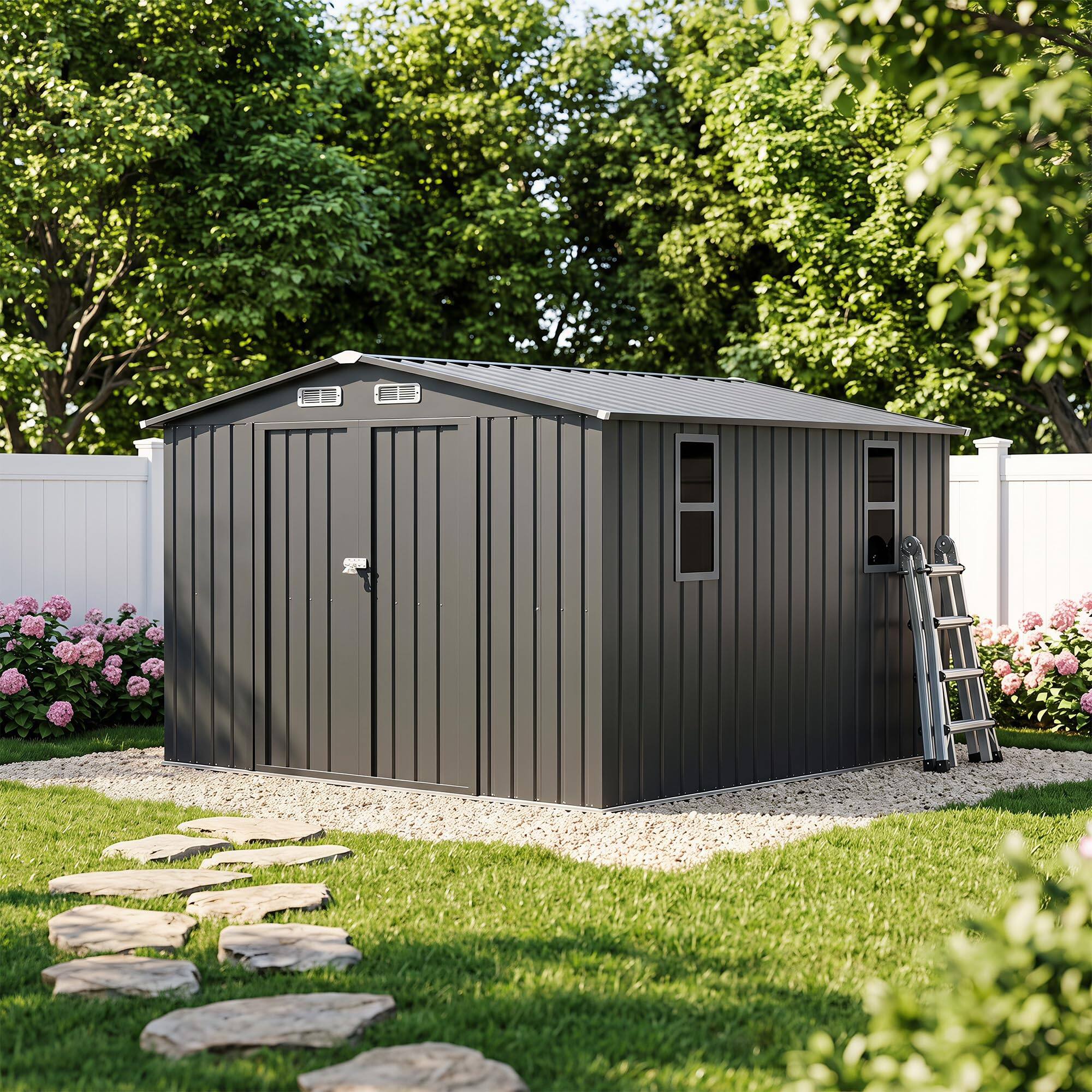 Front. LAUSAINT HOME - 10x10 FT Galvanized Steel Shed with Windows  Double Lockable Doors  Gable Roof and Vent for Backyard Patio - Black.