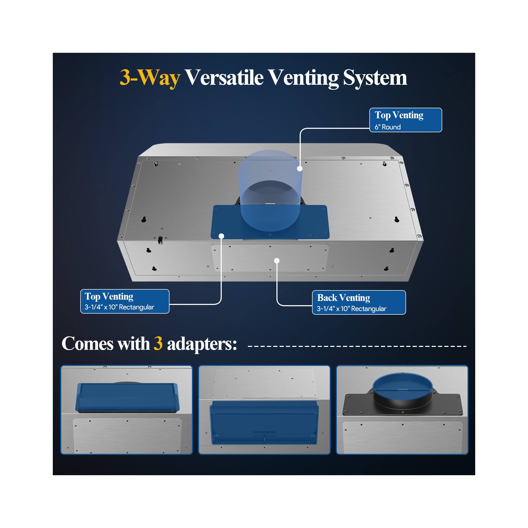 3-Way Versatile Venting System
Top Venting 6 Round
Top Venting 3-1/4" x 10" Rectangular
Back Venting 3-1/4" x 10" Rectangular
Comes with 3 adapters: