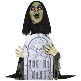 Outsunny - 30" Life Size Outdoor Halloween Decorations Female Ghost with Tombstone, Animated Prop Animatronic Décor - Multi-Colored