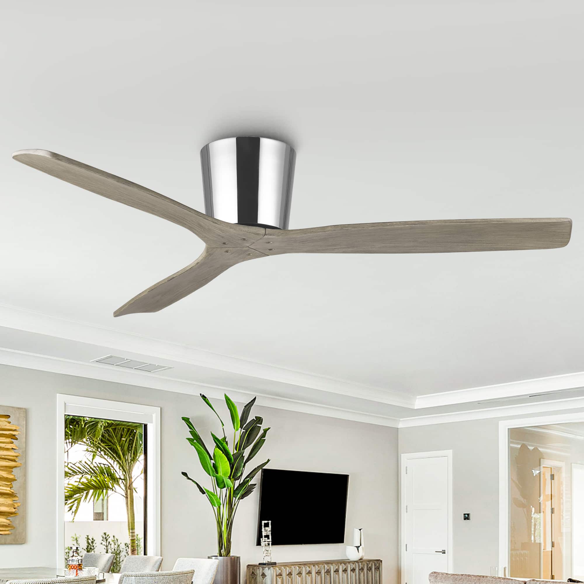Parrot Uncle - 54" Modern Solid Wood Blades Flush Mount Ceiling Fan without Light - Chrome
