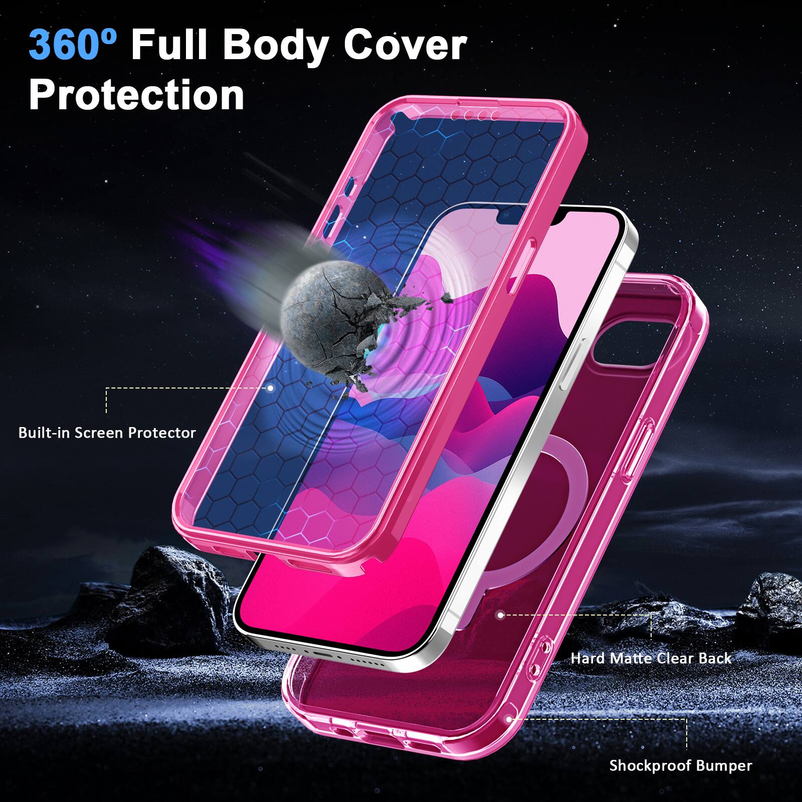 360° Full Body Cover Protection  
Built-in Screen Protector  
Hard Matte Clear Back  
Shockproof Bumper