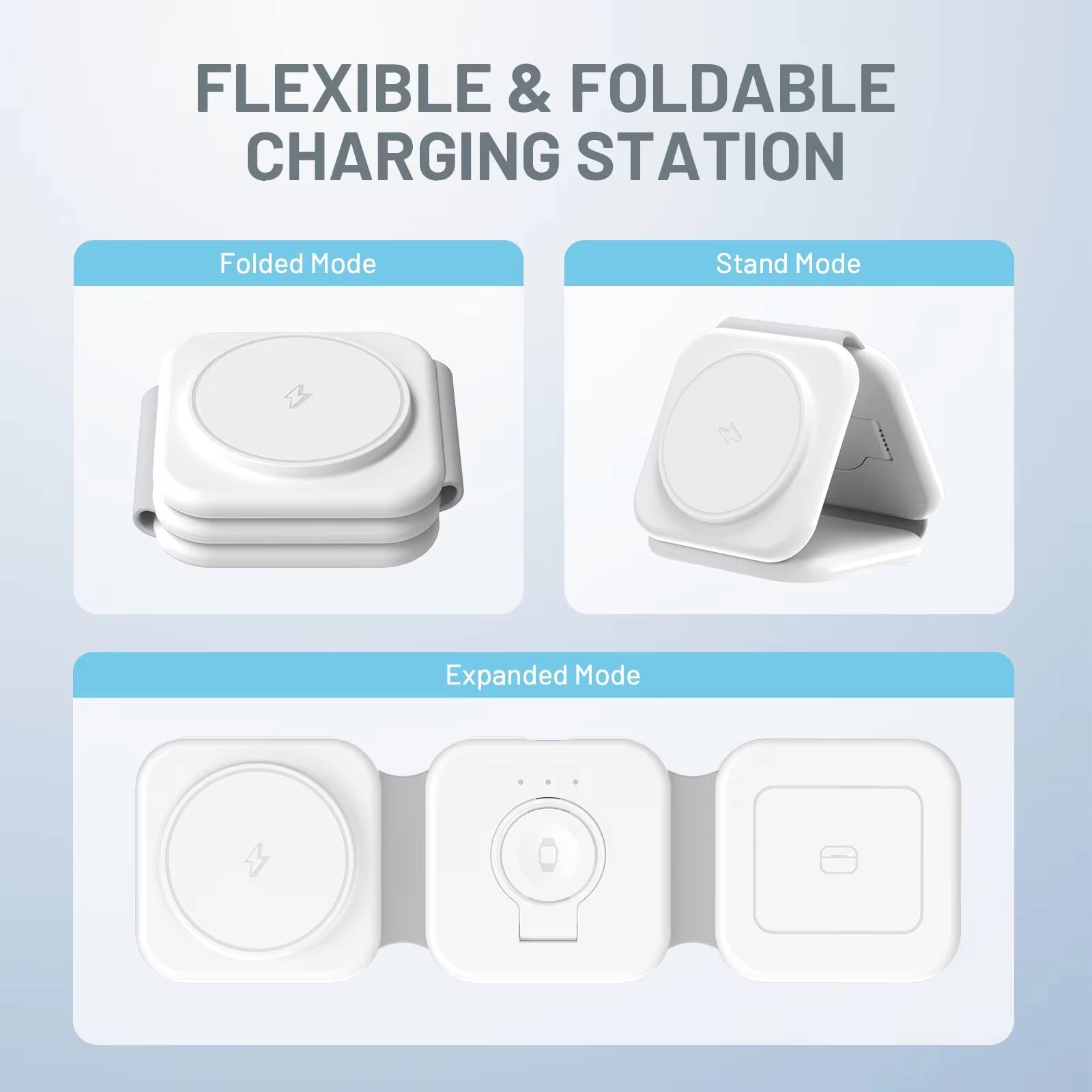 FLEXIBLE & FOLDABLE CHARGING STATION

Folded Mode

Stand Mode

Expanded Mode
