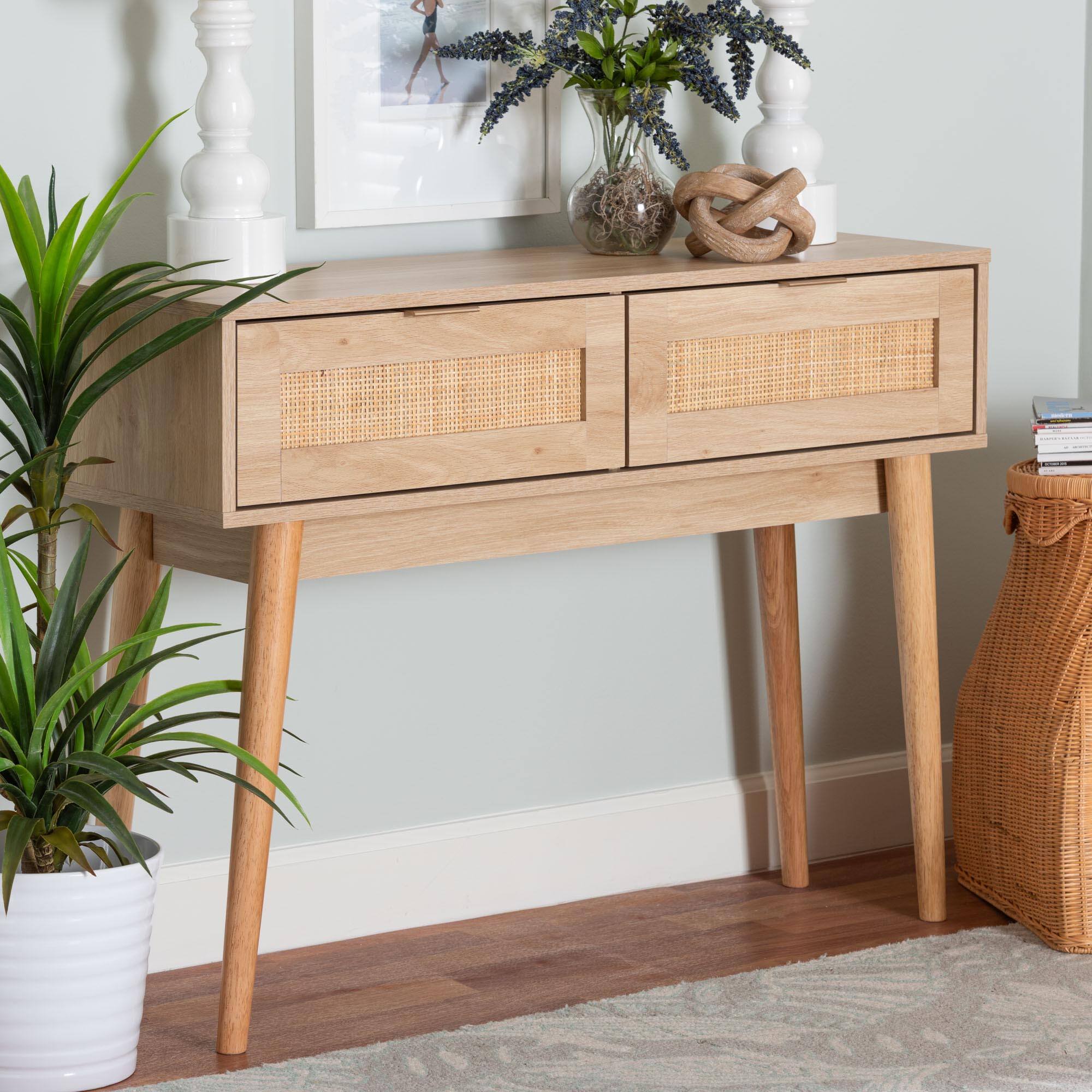 Alt View 4. Baxton Studio - Baird Mid-Century Modern Light Finished Wood and Rattan 2-Drawer Console Table - Oak Brown.