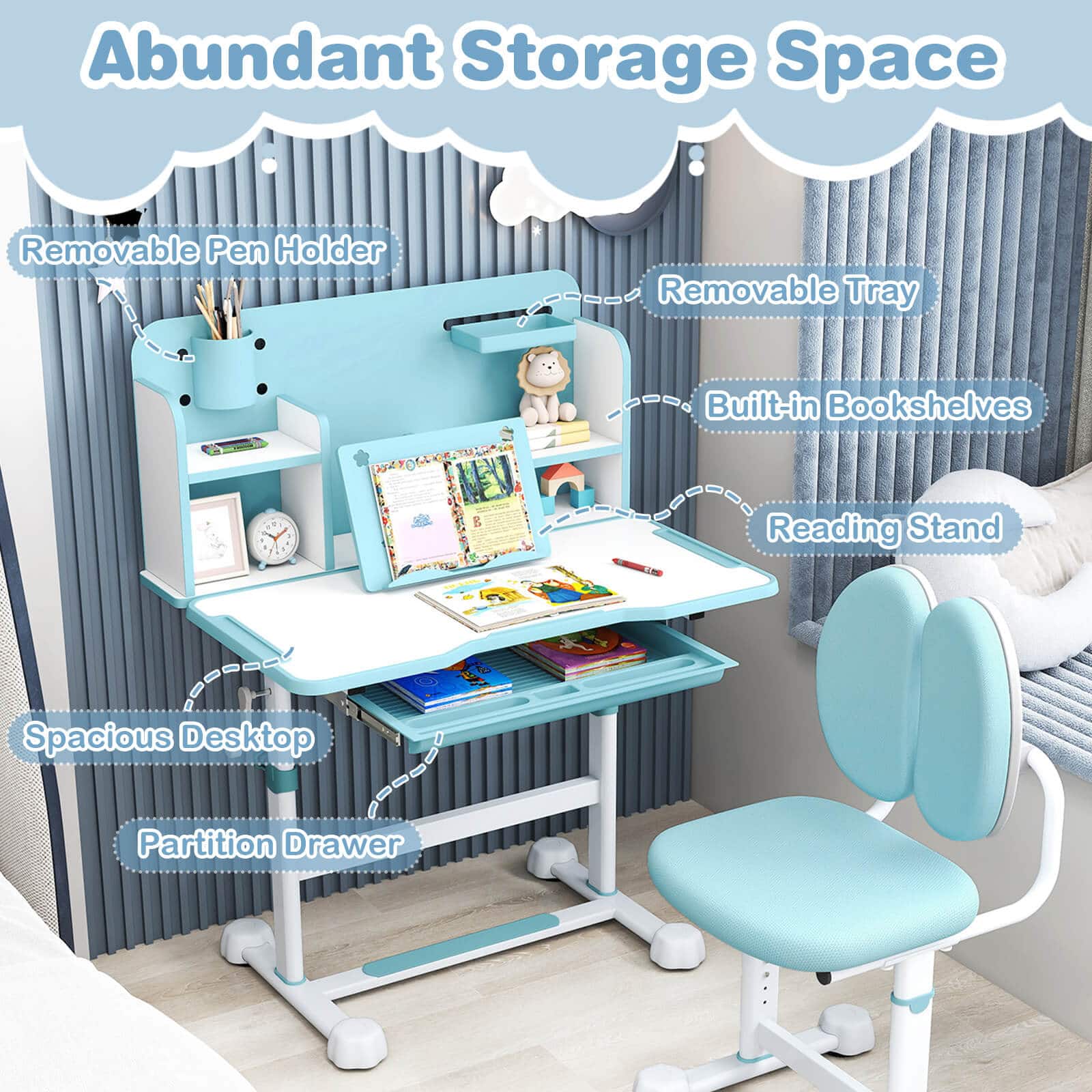 Costway Kid's Study Desk & Chair Set with Tilt Desktop, Pen Holder