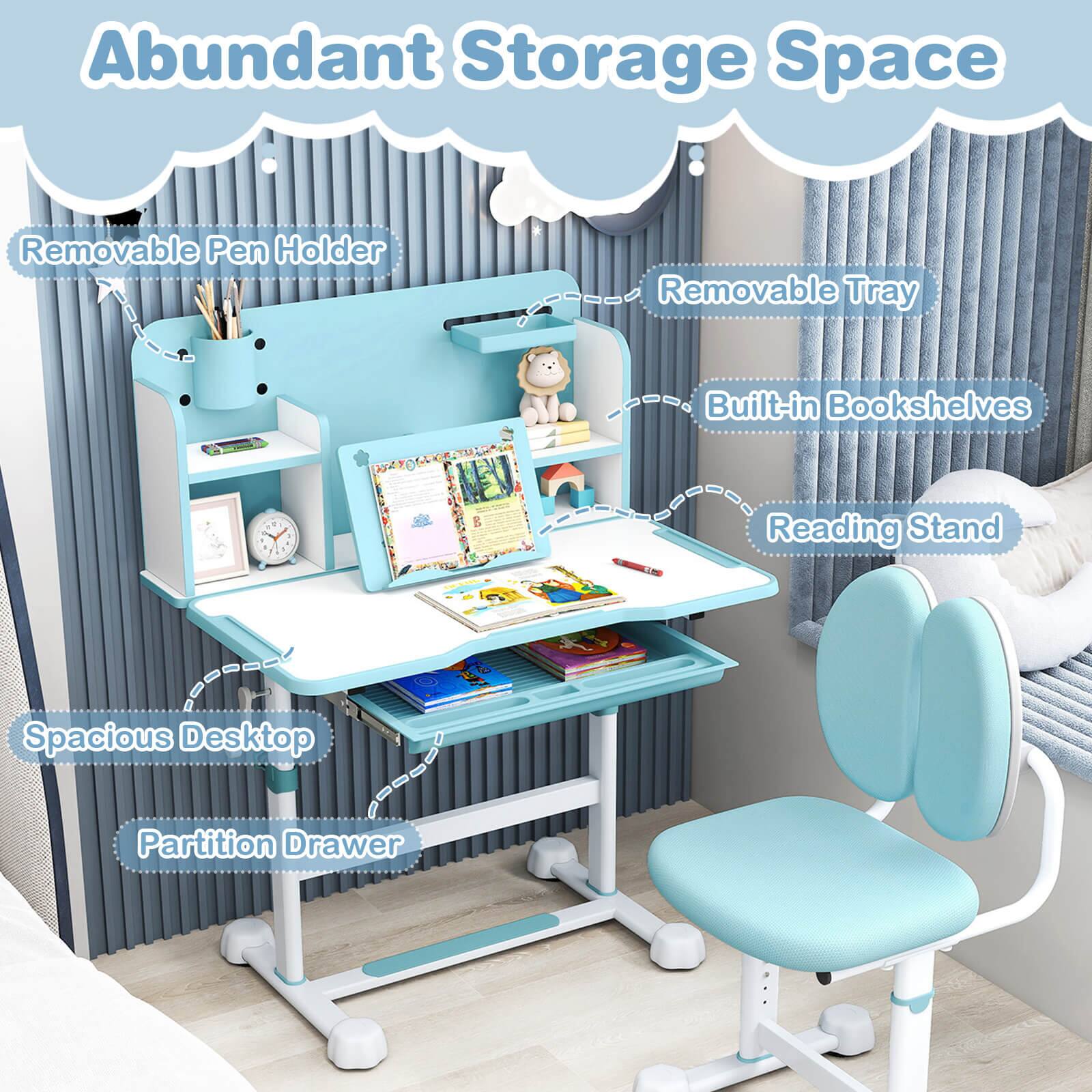 Abundant Storage Space

- Removable Pen Holder
- Removable Tray
- Built-in Bookshelves
- Reading Stand
- Spacious Desktop
- Partition Drawer