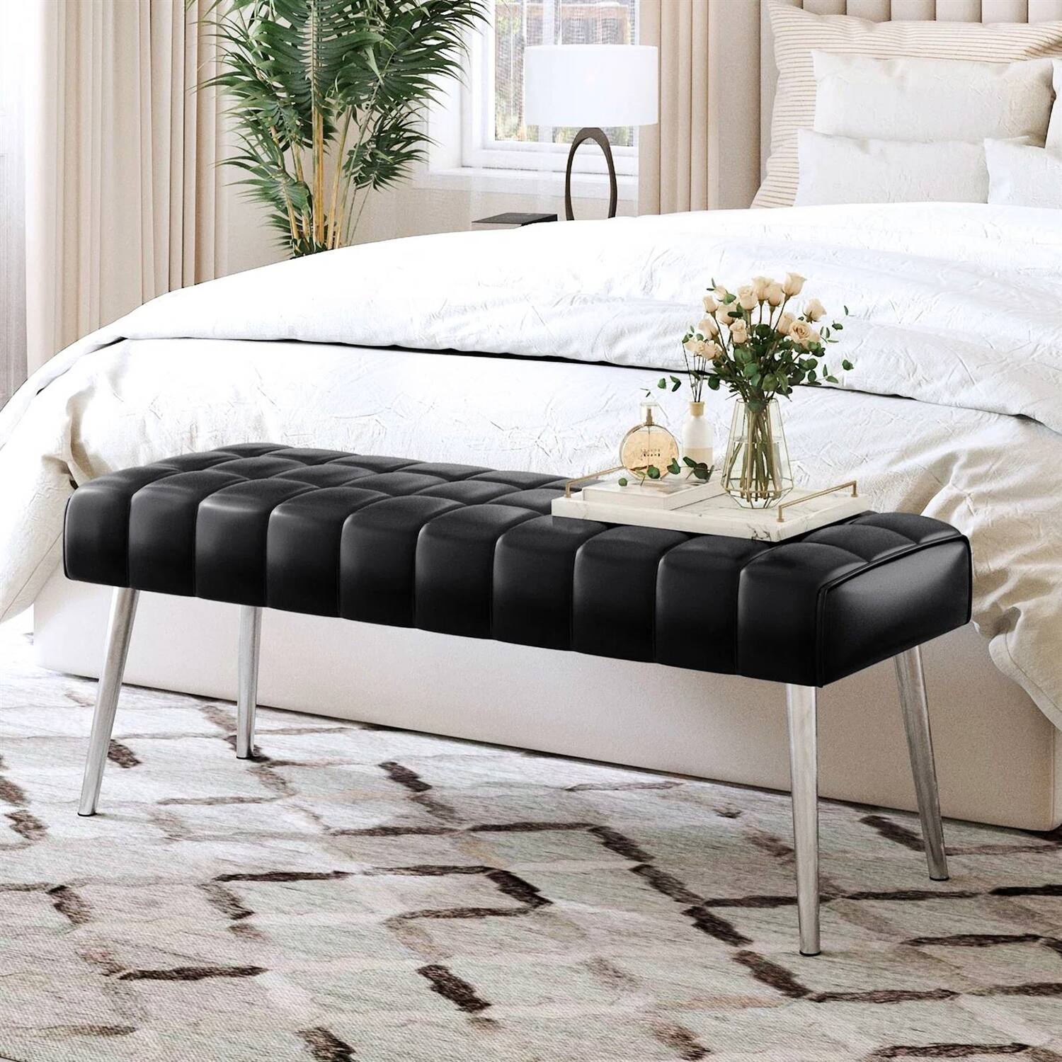 Front. Hivvago - Mid-Century Modern End of Bed Bench with PU Leather Seat and Tapered Legs - black.