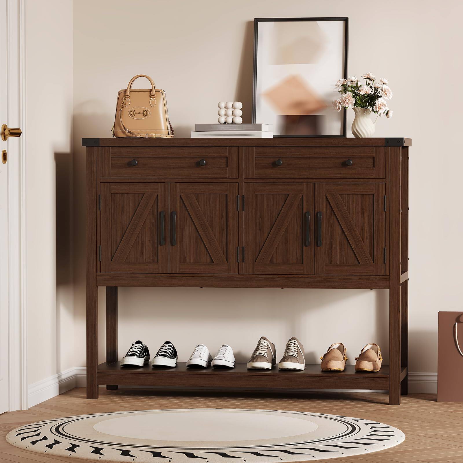 Front. Acekool - 47.2" Buffet Sideboard Cabinet, Modern Farmhouse Coffee Bar with 2 Drawers, 4 Barn Doors, Wooden Storage Cabinet - Brown.