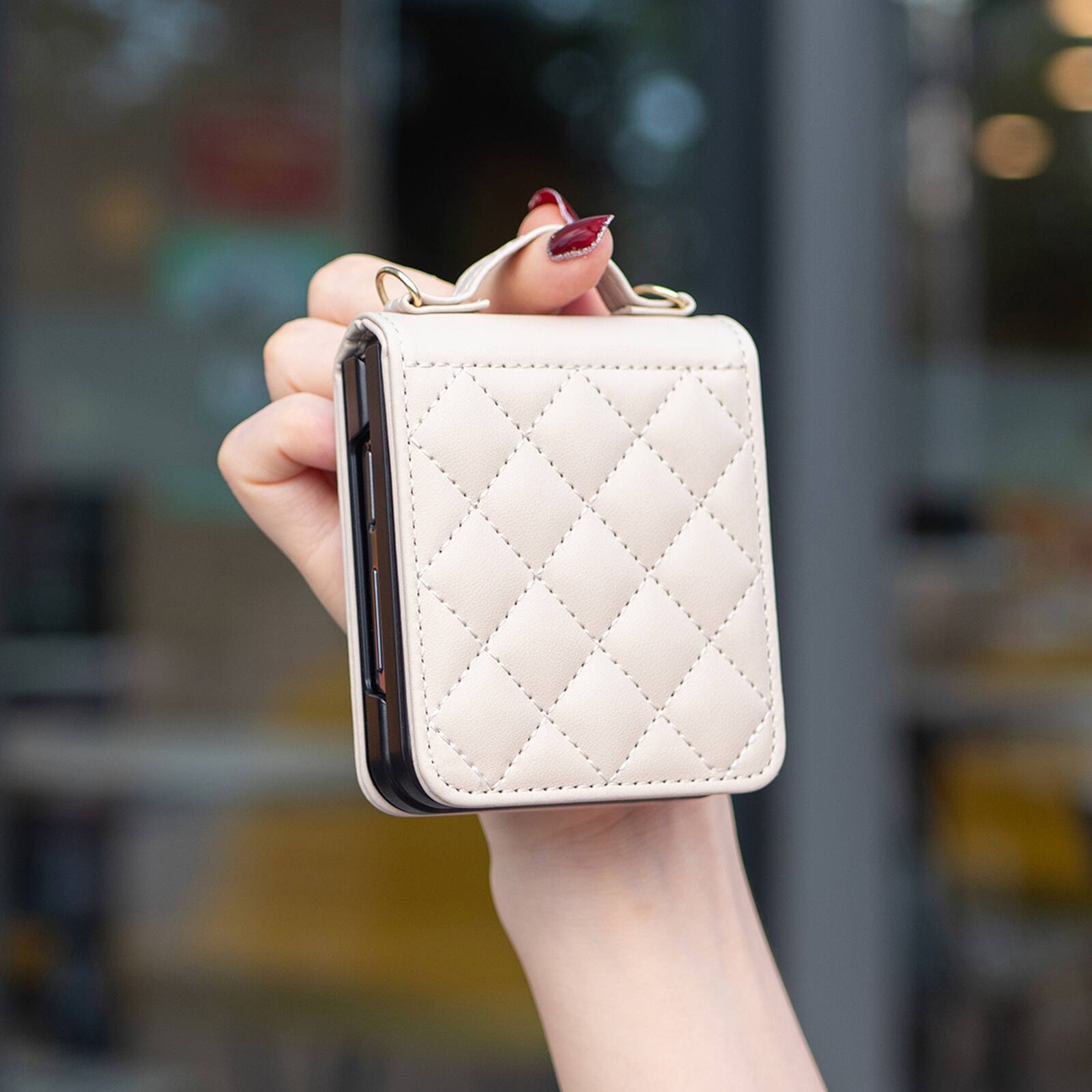 Alt View 3. Dteck - Shockproof Case for Samsung Galaxy Z Flip8 with Crossbody Lanyard, PU Leather Hard PC Cover, Raised Edge Camera Defense - Beige.