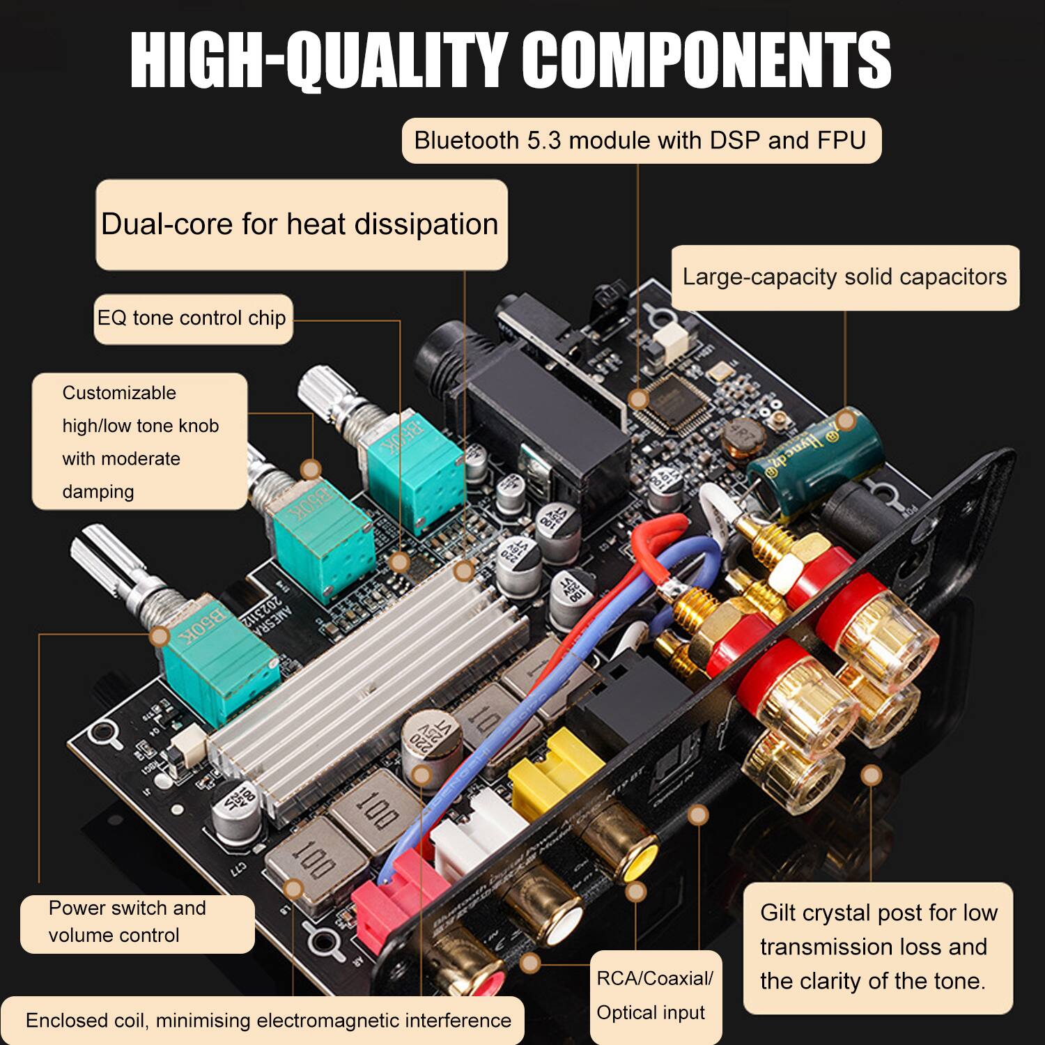 HIGH-QUALITY COMPONENTS

- Bluetooth 5.3 module with DSP and FPU
- Dual-core for heat dissipation
- EQ tone control chip
- Customizable high/low tone knob with moderate damping
- Large-capacity solid capacitors
- Power switch and volume control
- Enclosed coil, minimising electromagnetic interference
- Gilt crystal post for low transmission loss and the clarity of the tone
- RCA/Coaxial/Optical input