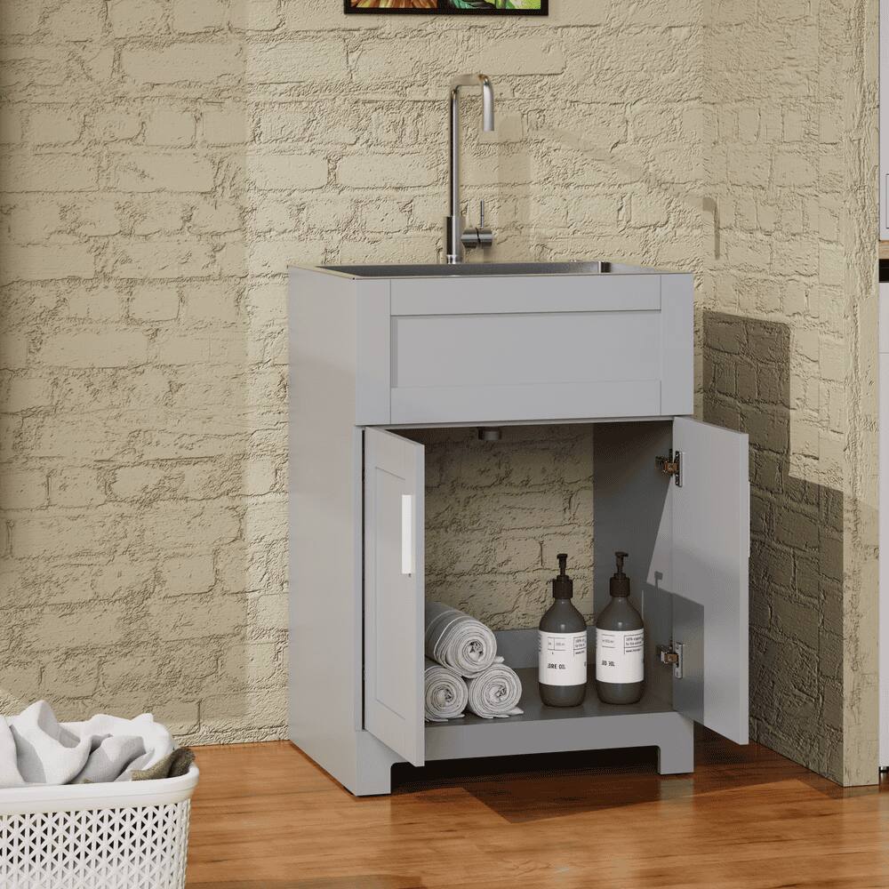 Back. Kadyn - 24" Bathroom Sink Vanity Laundry Utility Cabinet - Stainless Steel Sink Combo, Gray - Gray.