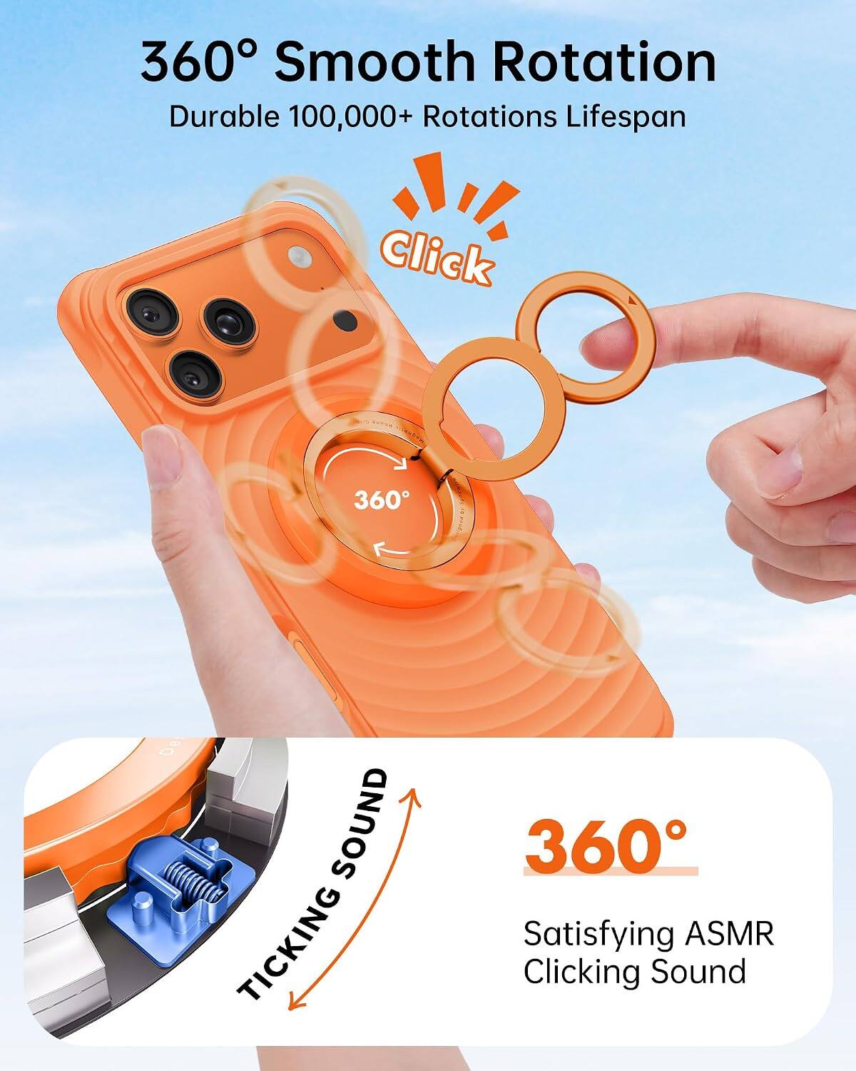 360° Smooth Rotation  
Durable 100,000+ Rotations Lifespan  

Click  

360° Satisfying ASMR Clicking Sound  

Ticking Sound