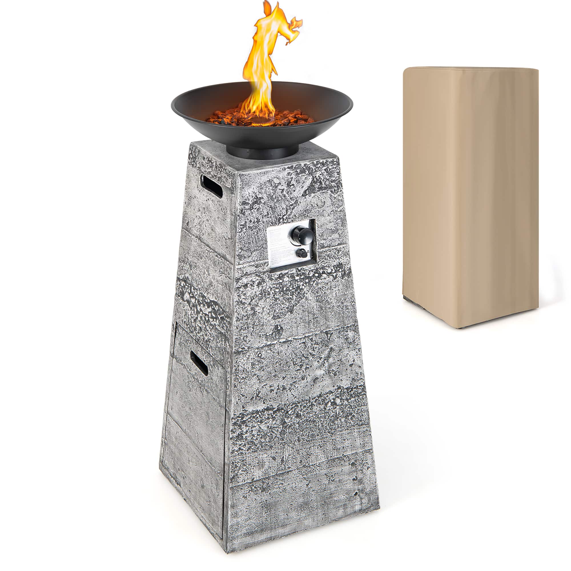 Costway - 48" Outdoor Propane Fire Bowl Column W/ Lava Rocks & PVC Cover 30,000 BTU - Grey/Black