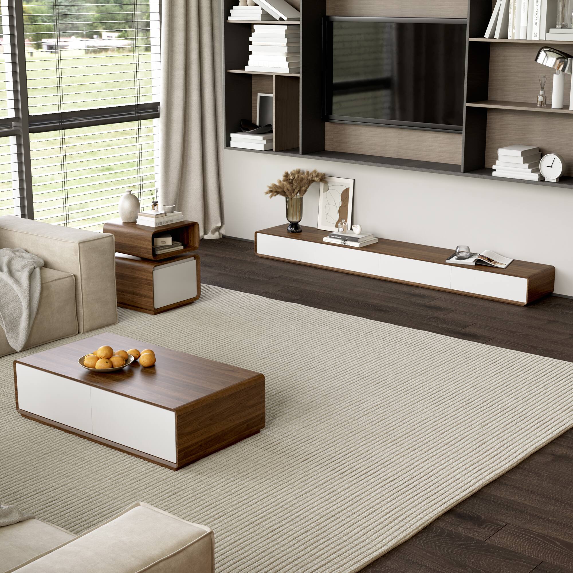 Alt View 9. POVISON - 51" Fully-Assembled Mid-Century Modern Rectangular Wood Coffee Table with 4 Drawers, Walnut White - Walnut & White.