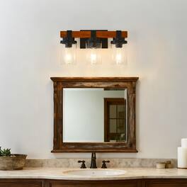 TinyHomie - 3 Light Matte Black And Wooden Wall Lamps With Glass Shades No Bulbs For Bathroom Or Bedroom