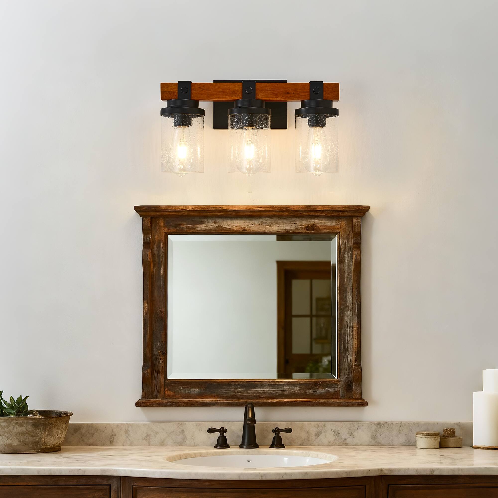 Front. TinyHomie - 3 Light Matte Black And Wooden Wall Lamps With Glass Shades No Bulbs For Bathroom Or Bedroom.