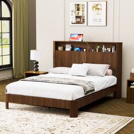 GOODSILO - Queen Size Storage Bed Frame with Charging Station and Wavy Curved Headboard Design in Natural Finish - Walnut
