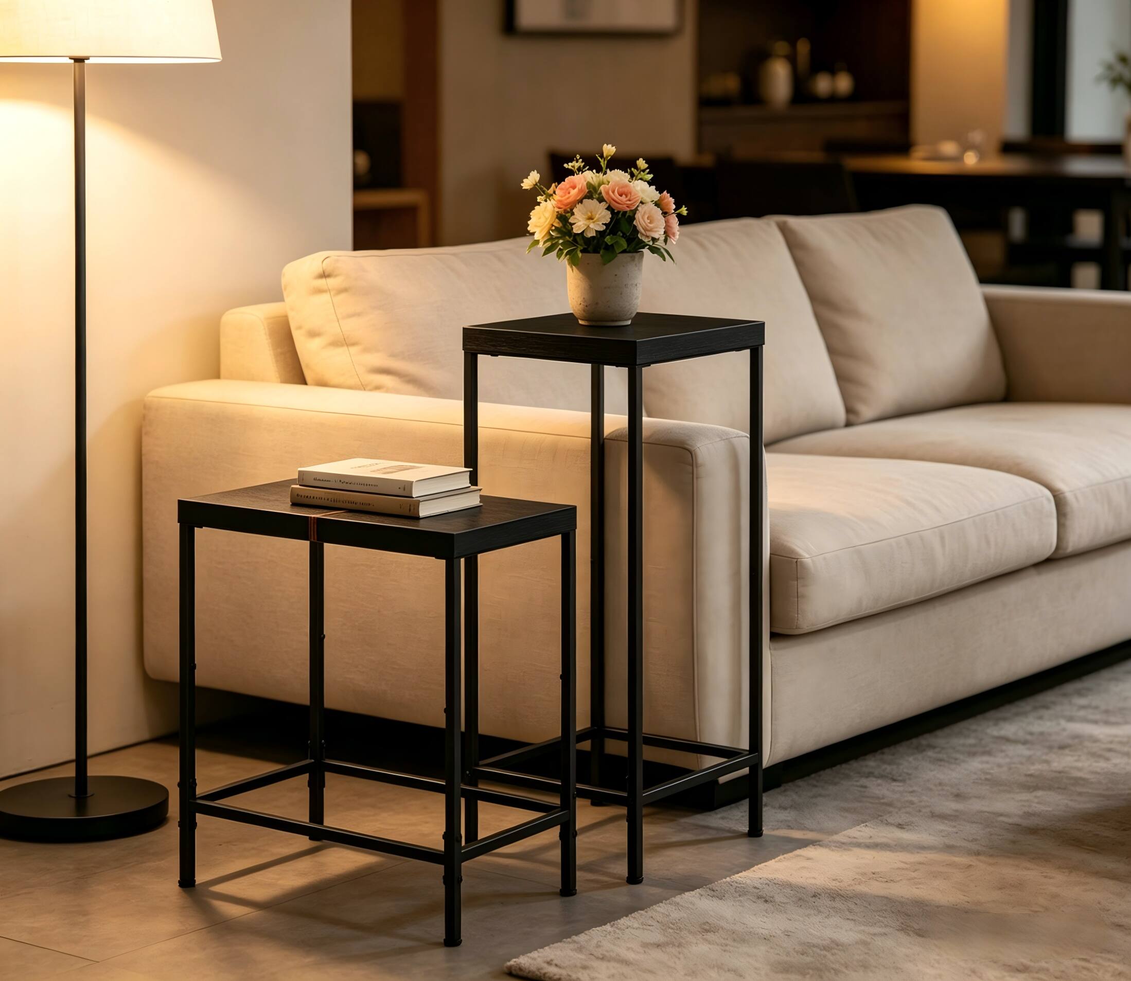 Back. Oumilen - Set of 2 Black Narrow Nesting End Tables – Wood Top with Black Metal Frame, Slim Accent for Sofa Living Room - Black.