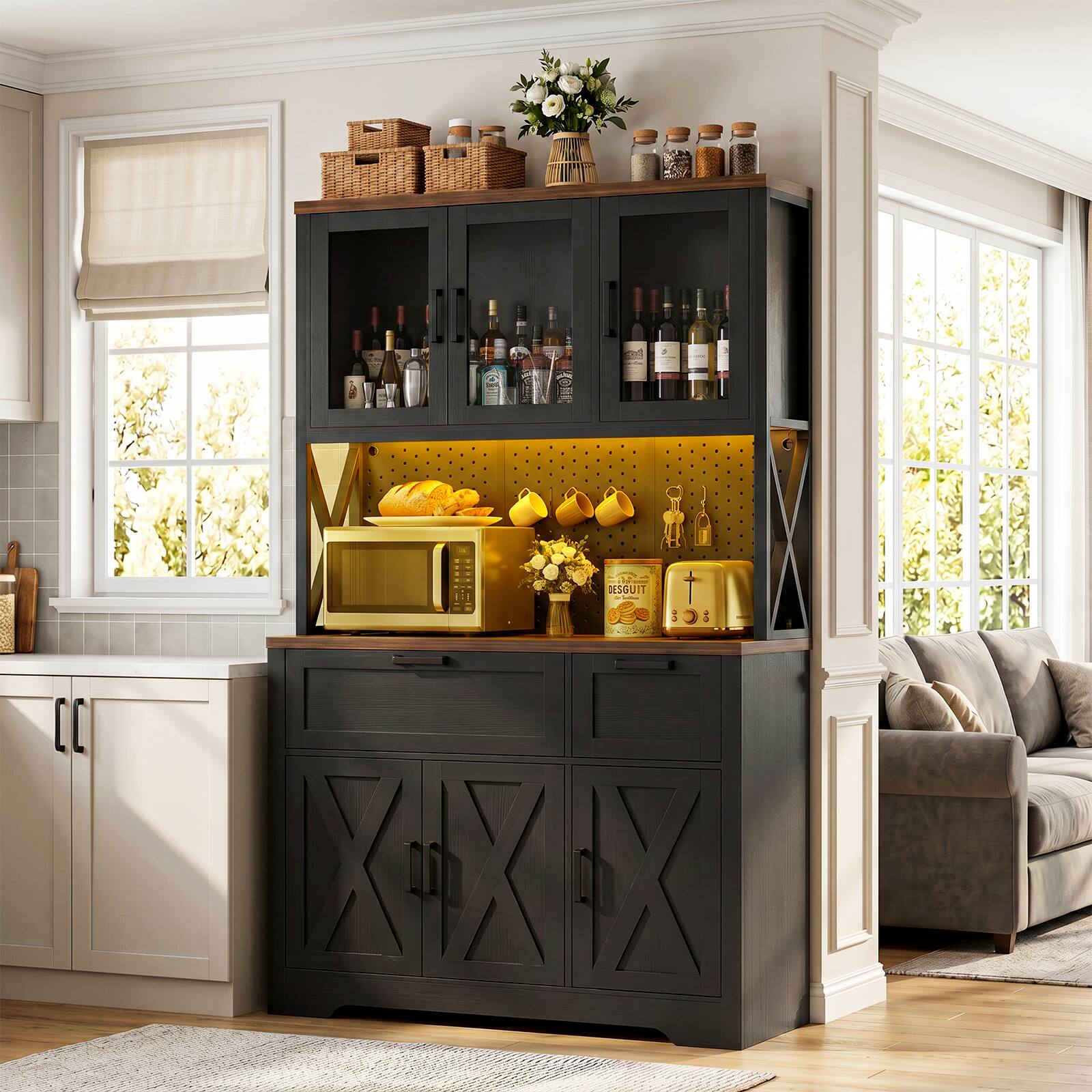 Alt View 2. Aheaplus - 71'' Tall Pantry Cabinet, 39.4'' Wide Pantry with 2 Drawers, Charging Station, and LED Lights - Black & Rustic.