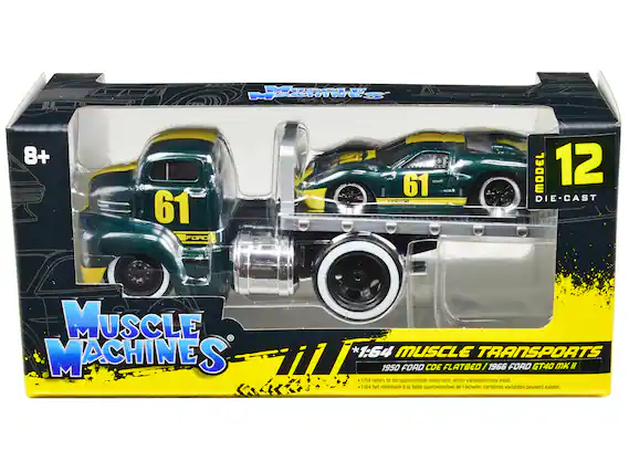 Sure, here is the corrected and grouped text from the image:
---
**Muscle Machines**
**1:64 Muscle Transports**
- **1950 Ford COE Flatbed**
- **1966 Ford GT40 Mk II**
*1:64 refers to the approximate scale size; some variations may exist.*
*1/64 fait référence à la taille approximative; certaines variantes peuvent exister.*
**Model 12**
**Die-Cast**
**8+**
---
This text is organized to reflect the information on the packaging clearly and accurately.
